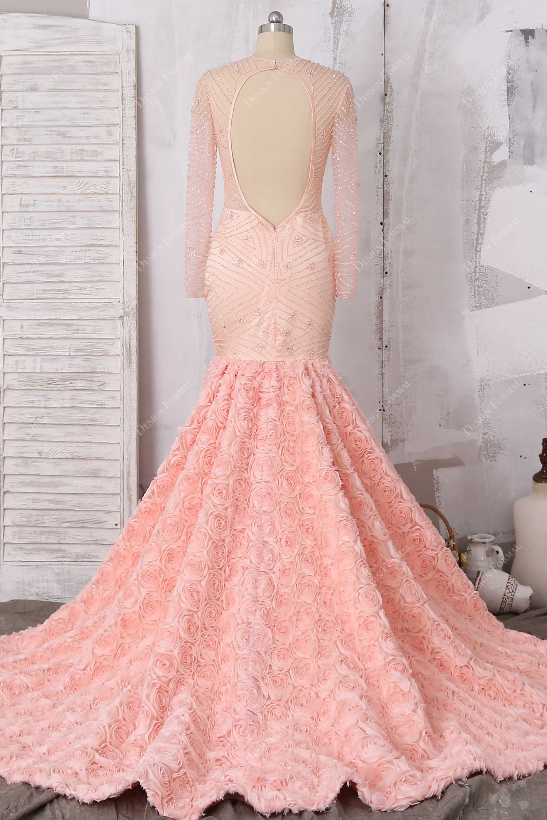 open back beaded trumpet peach pink prom dress 