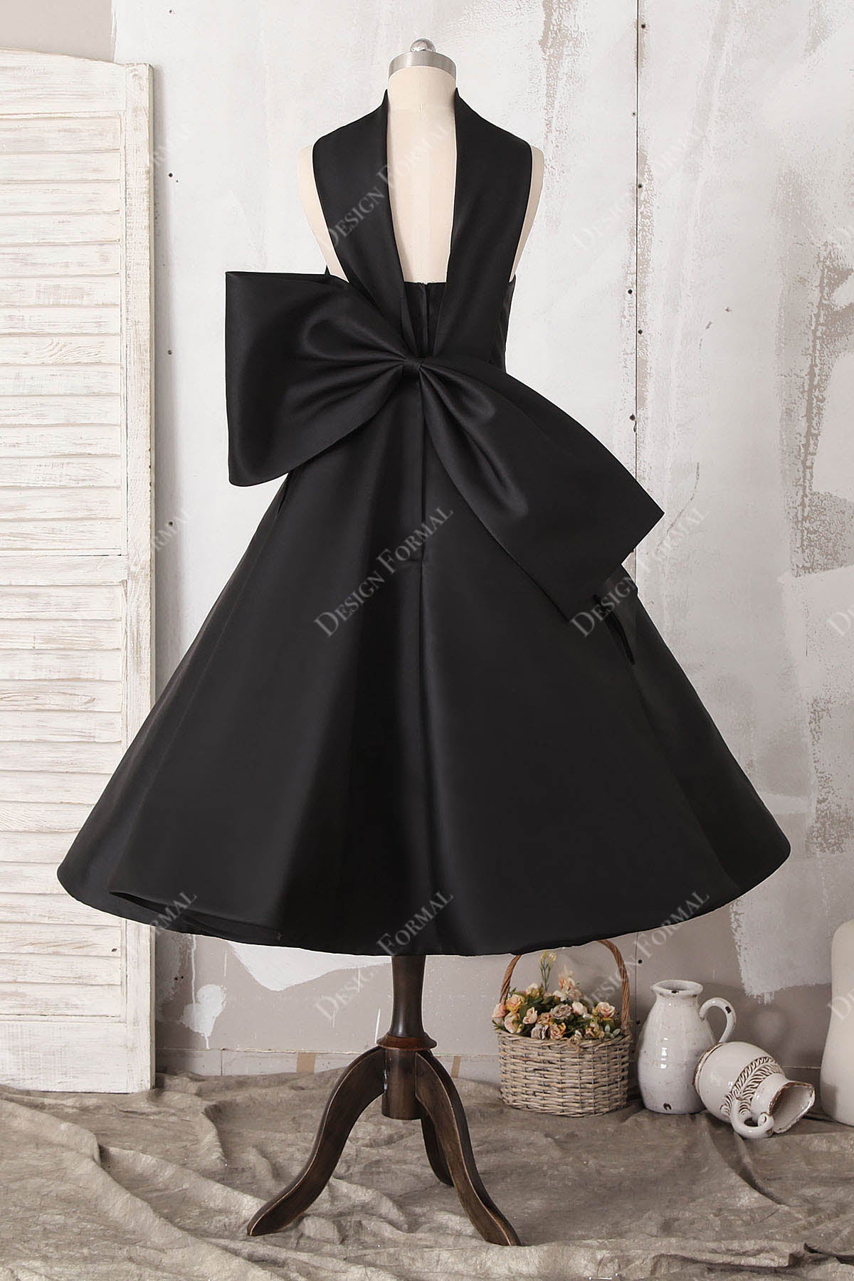 open back black big bow prom dress