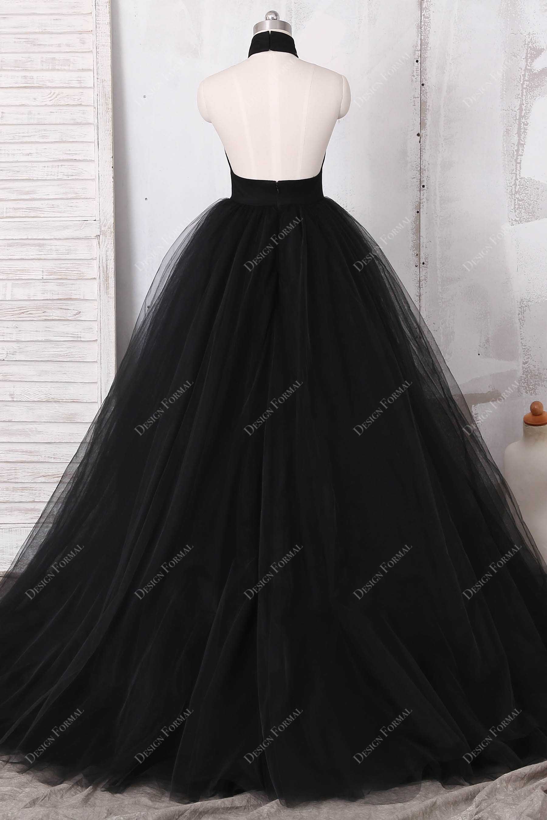 open back black tulle ball gown dress