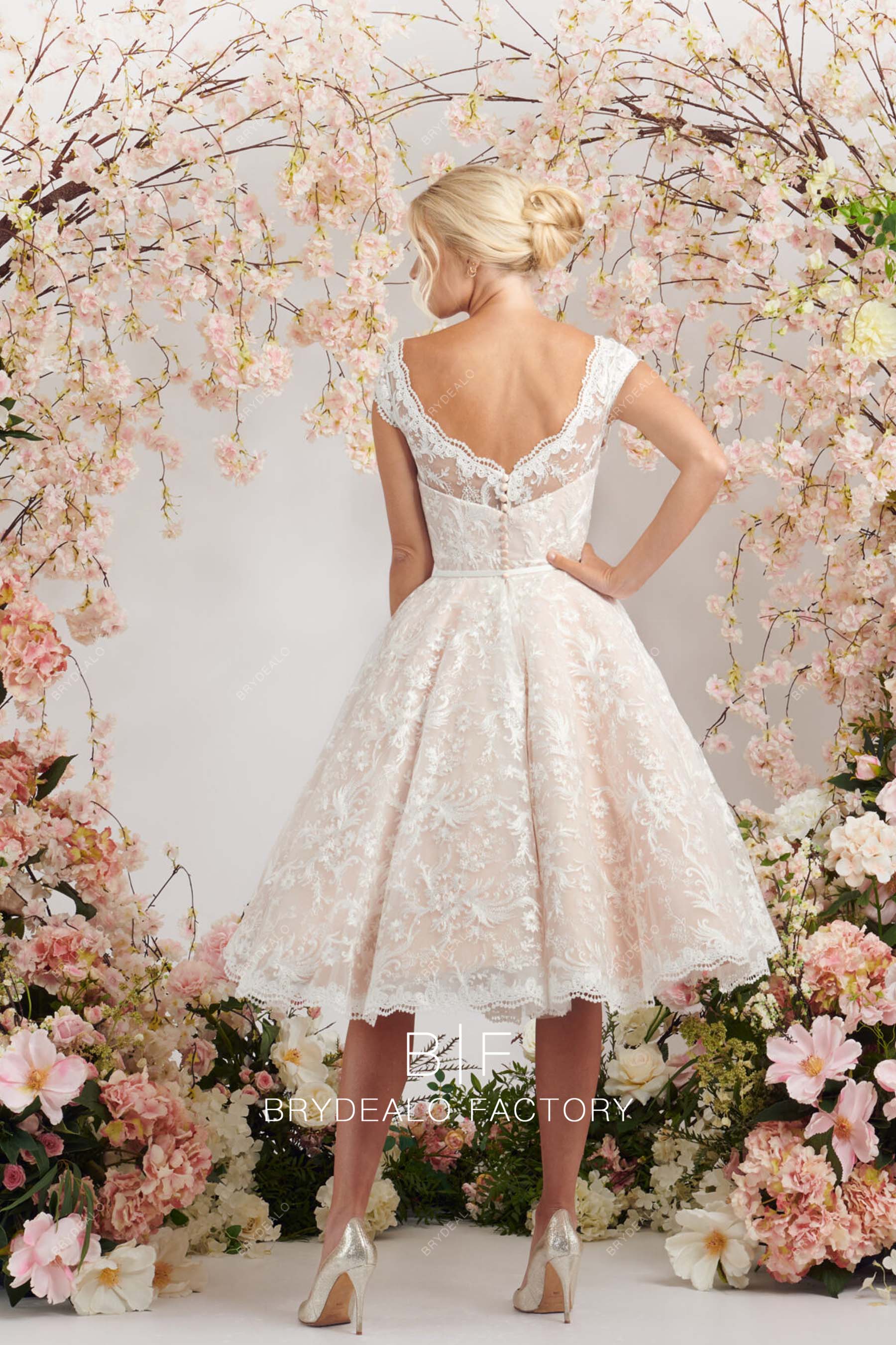 popular open back blush knee length bridal dress