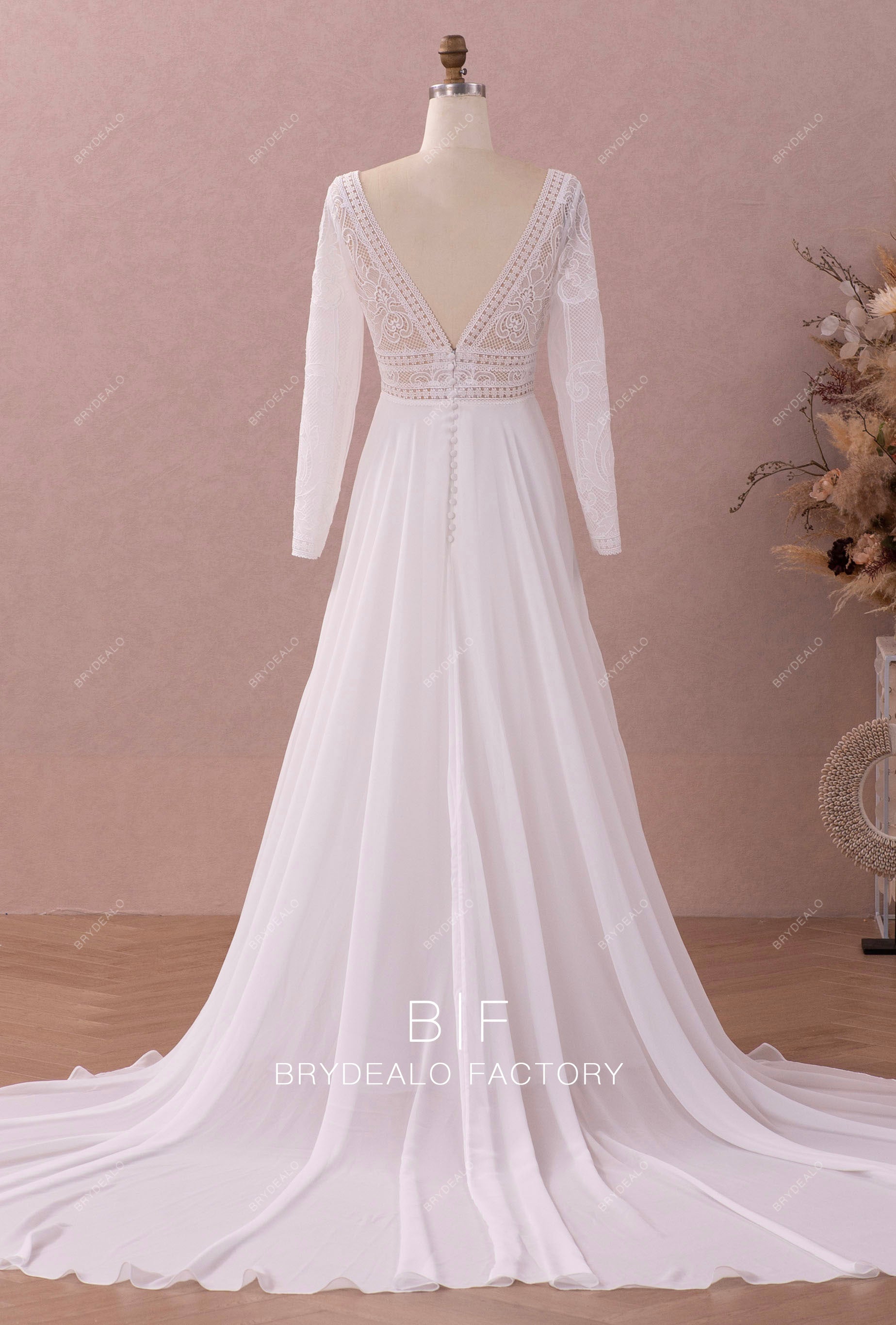 open v-back boho A-line chiffon wedding dress