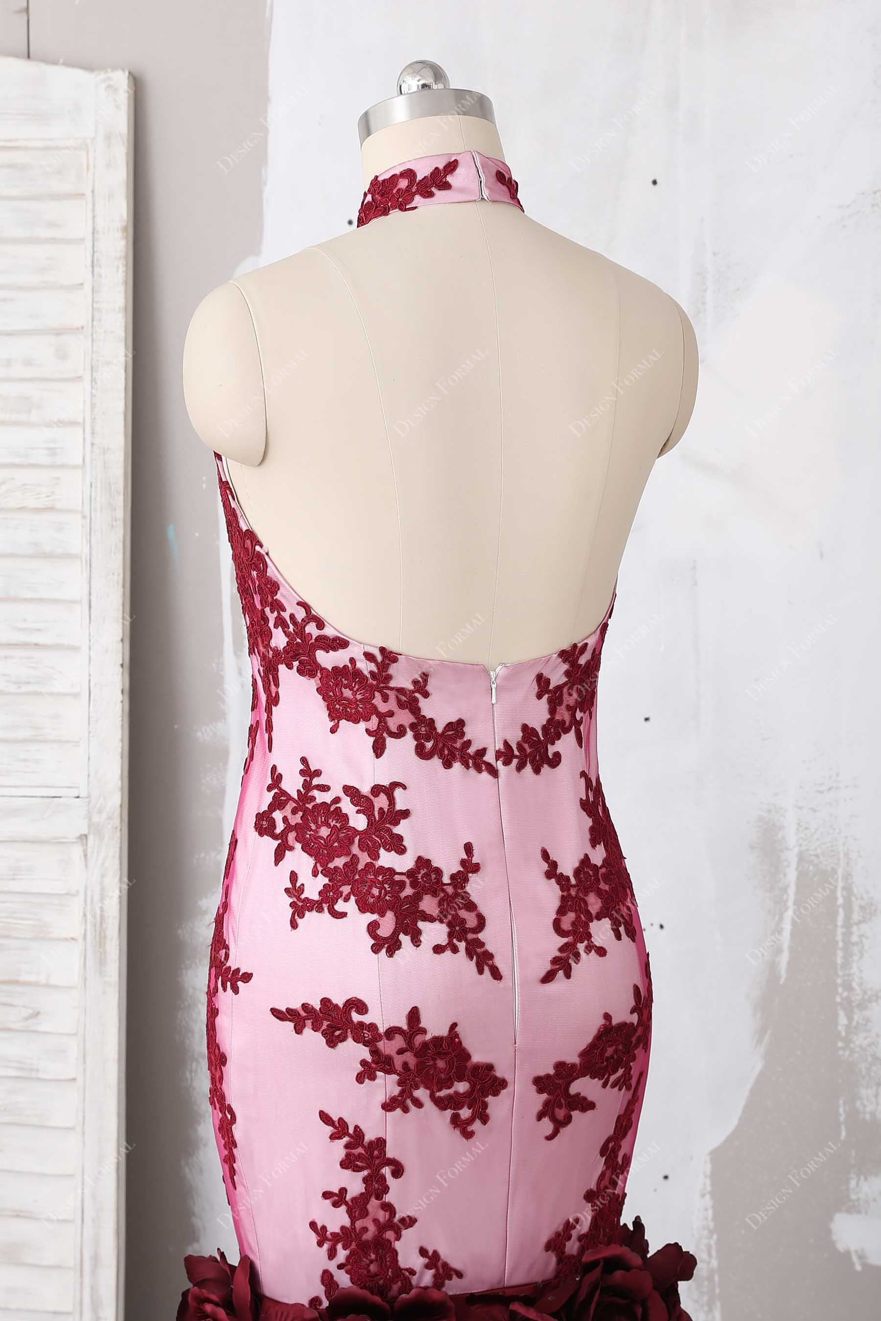 open back burgundy applique fitted bodice