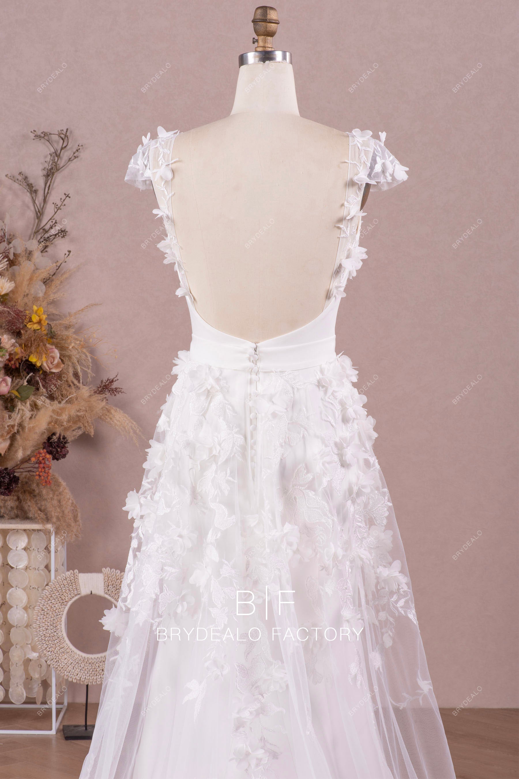 open back cap sleeve romantic 3D lace wedding dress