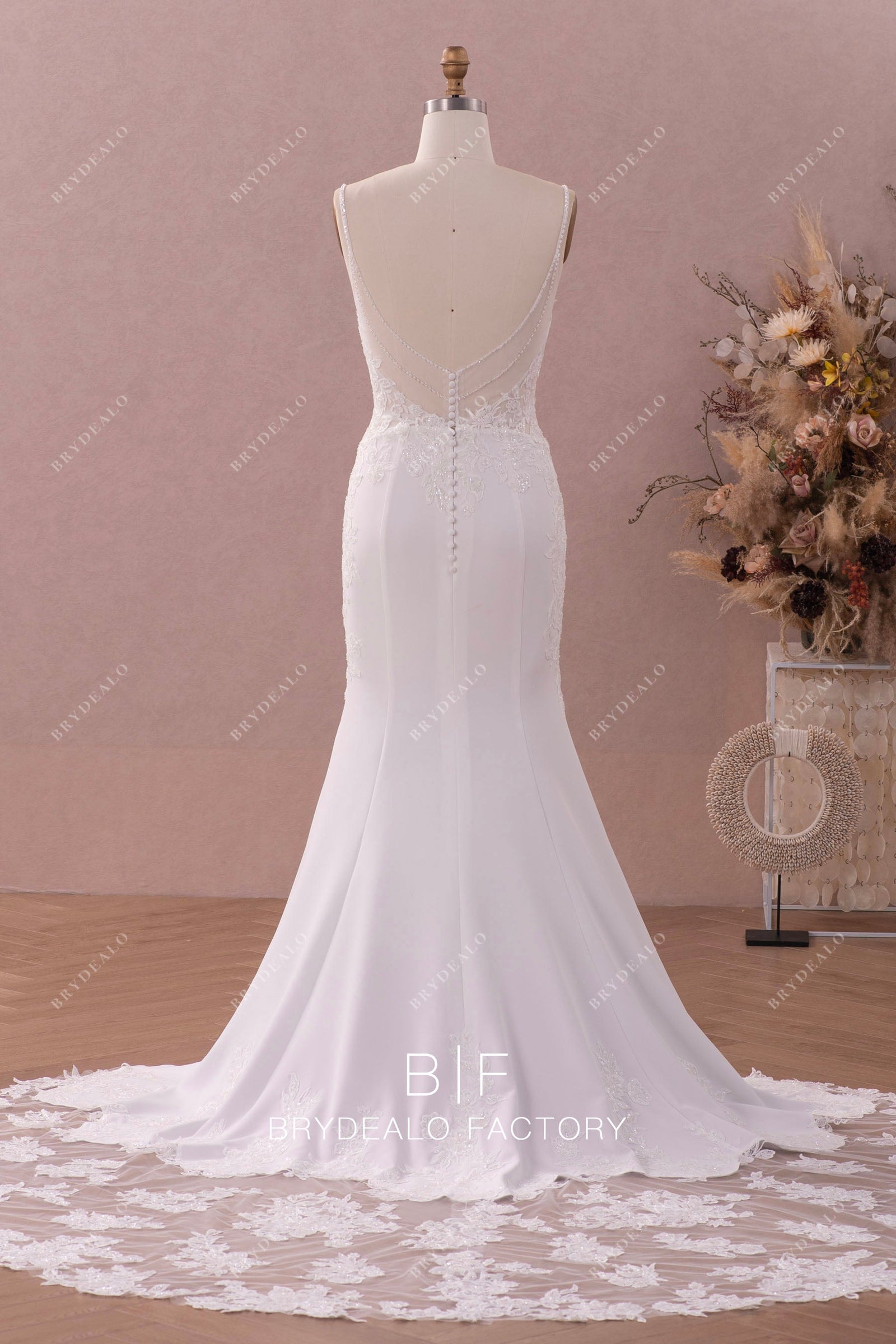 Beaded Straps Crepe Mermaid Illusion Lace Cutout Train Wedding Dress