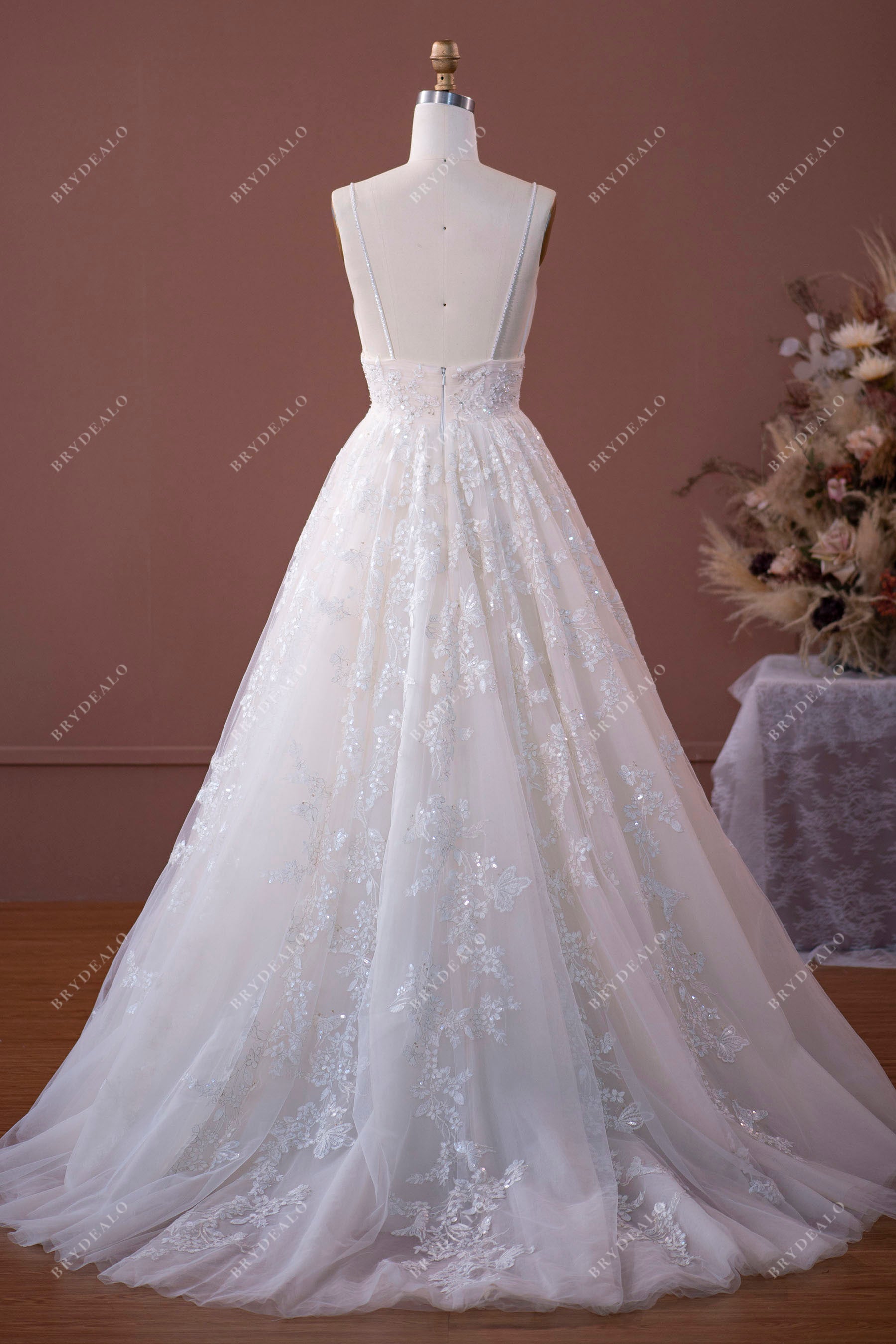 Spaghetti Strap Beautiful Floral Lace Nude Empire A-Line Bridal Dress, White Spaghetti Strap Beautiful Floral Lace Nude Empire A-Line Bridal Dress, White