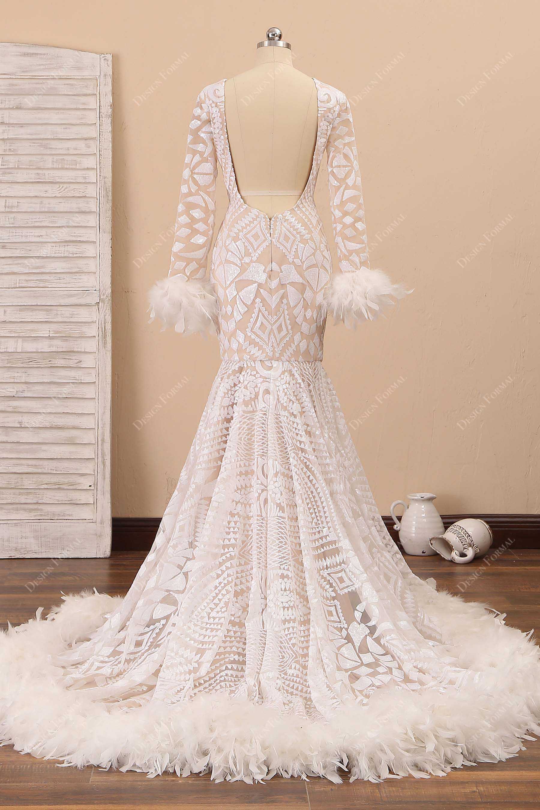 open back feathered trumpet prom gown