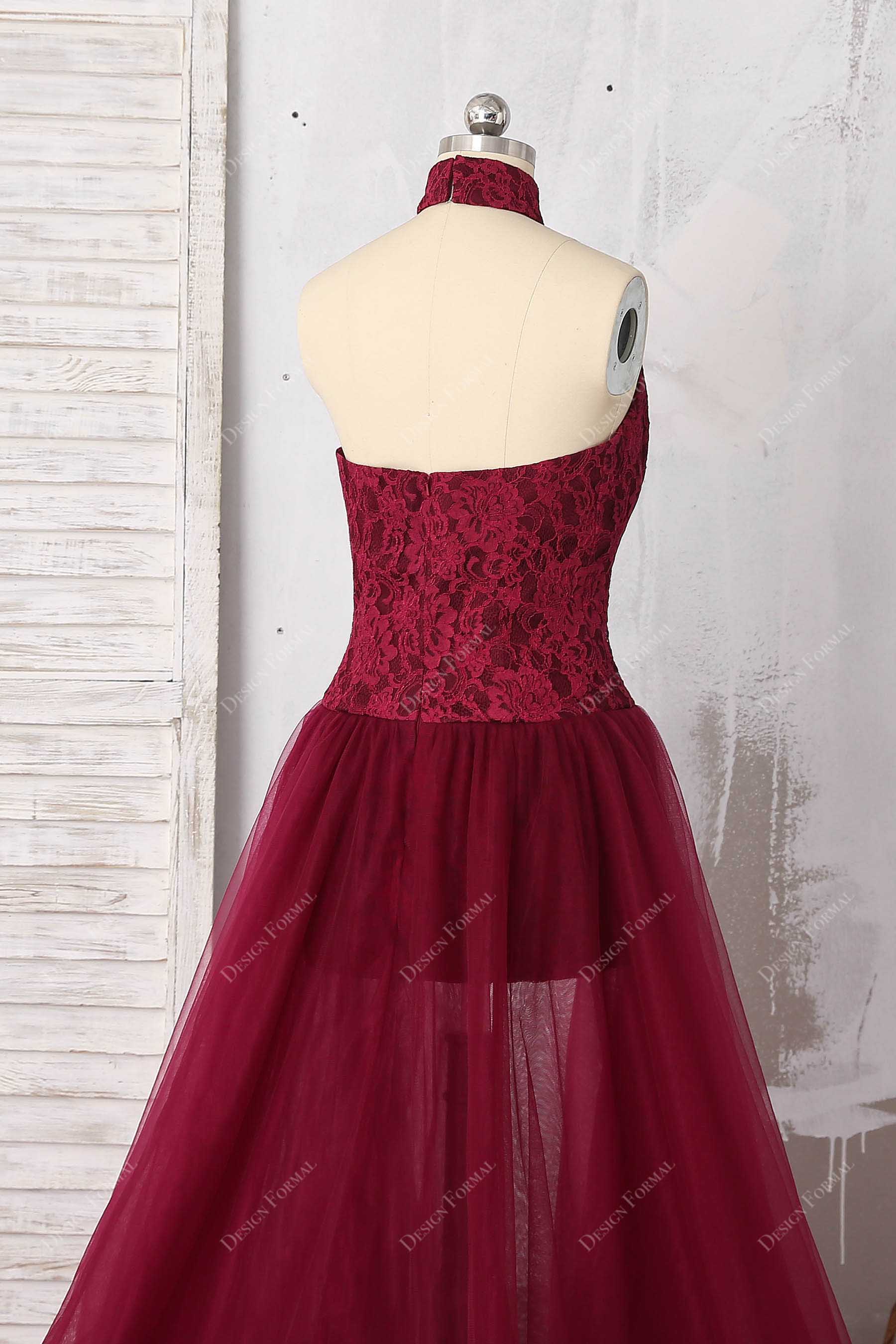 open back halter neck lace prom gown