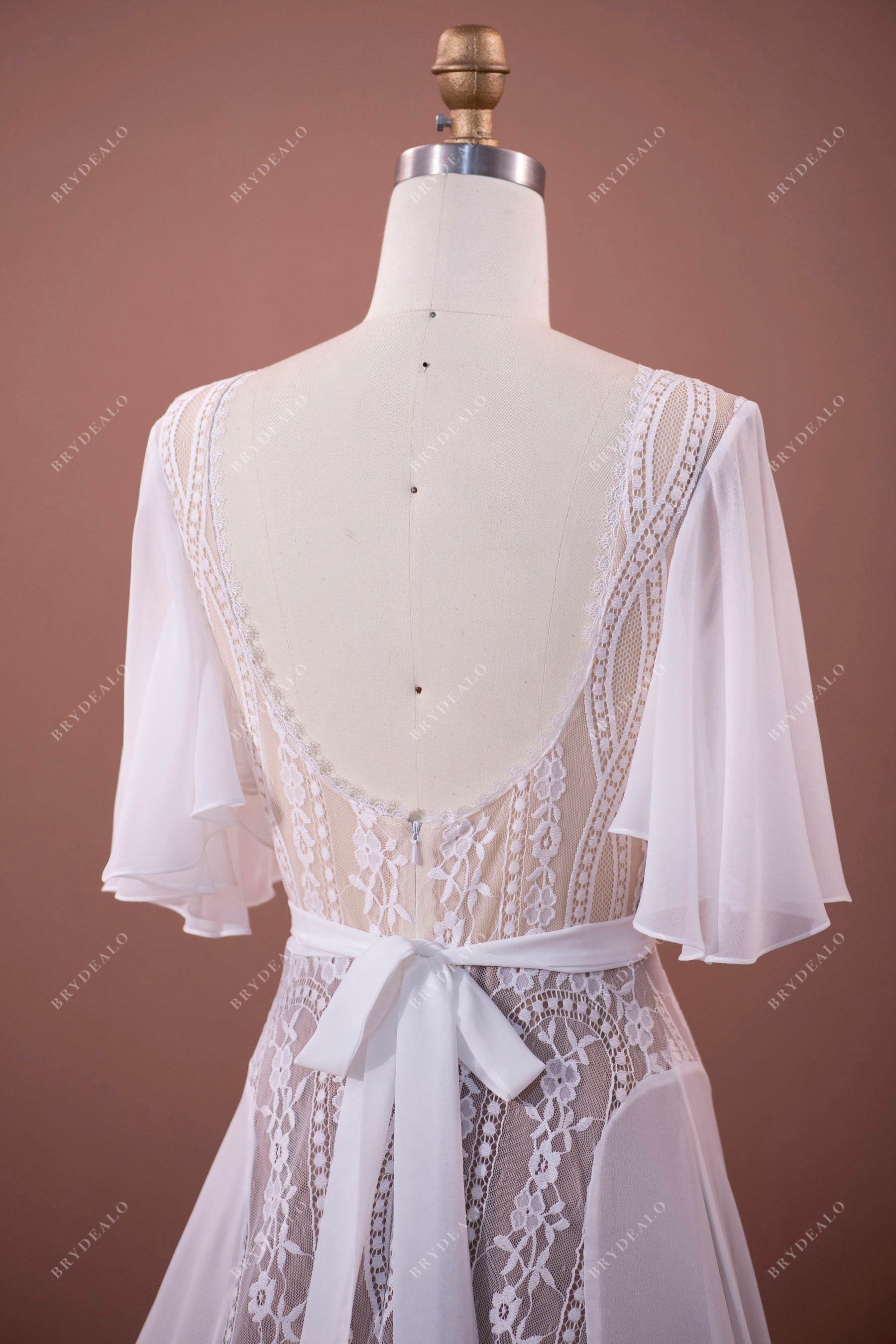 open back flutter sleeves boho wedding dress