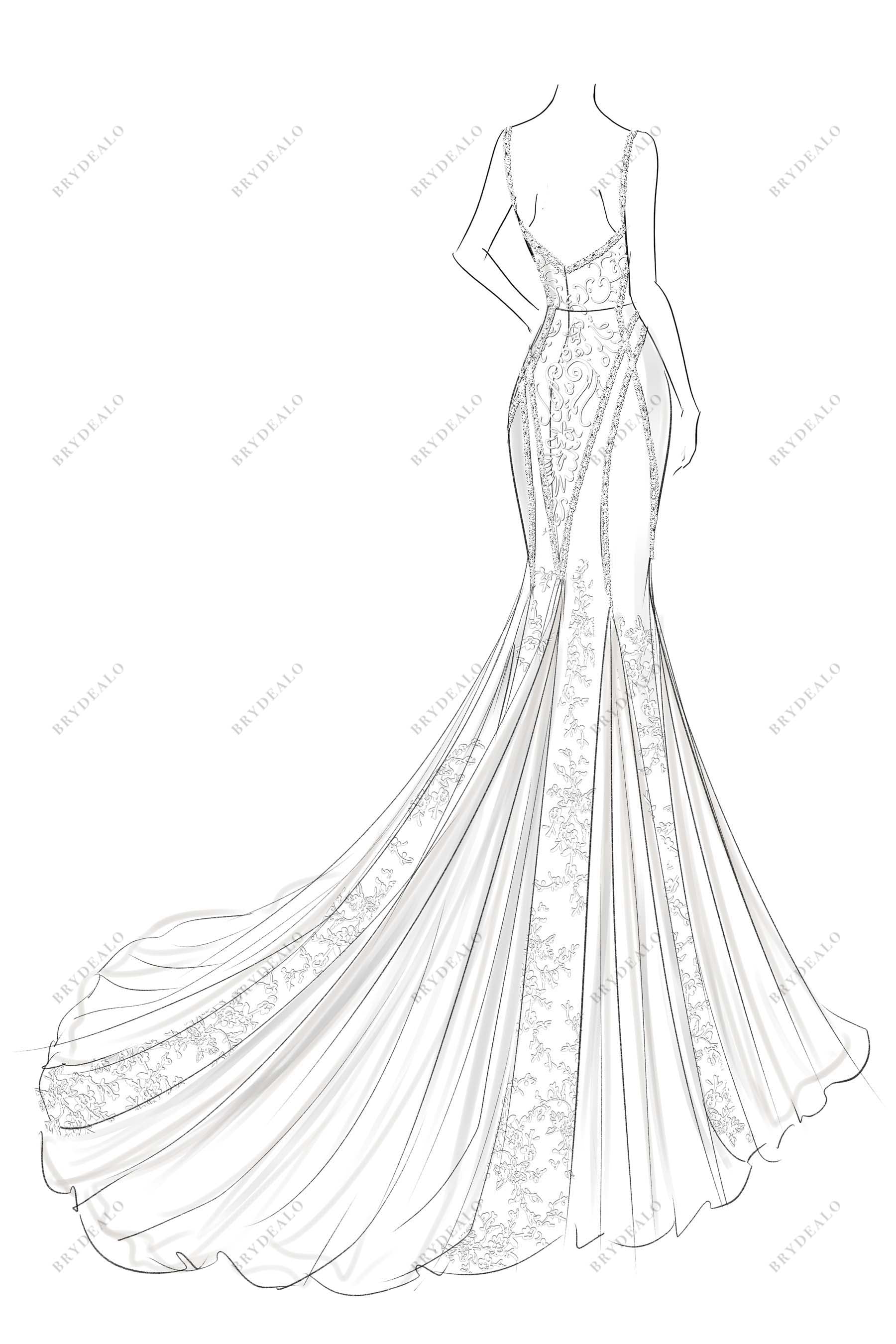 hand-drawn sleeveless open back bridal gown design