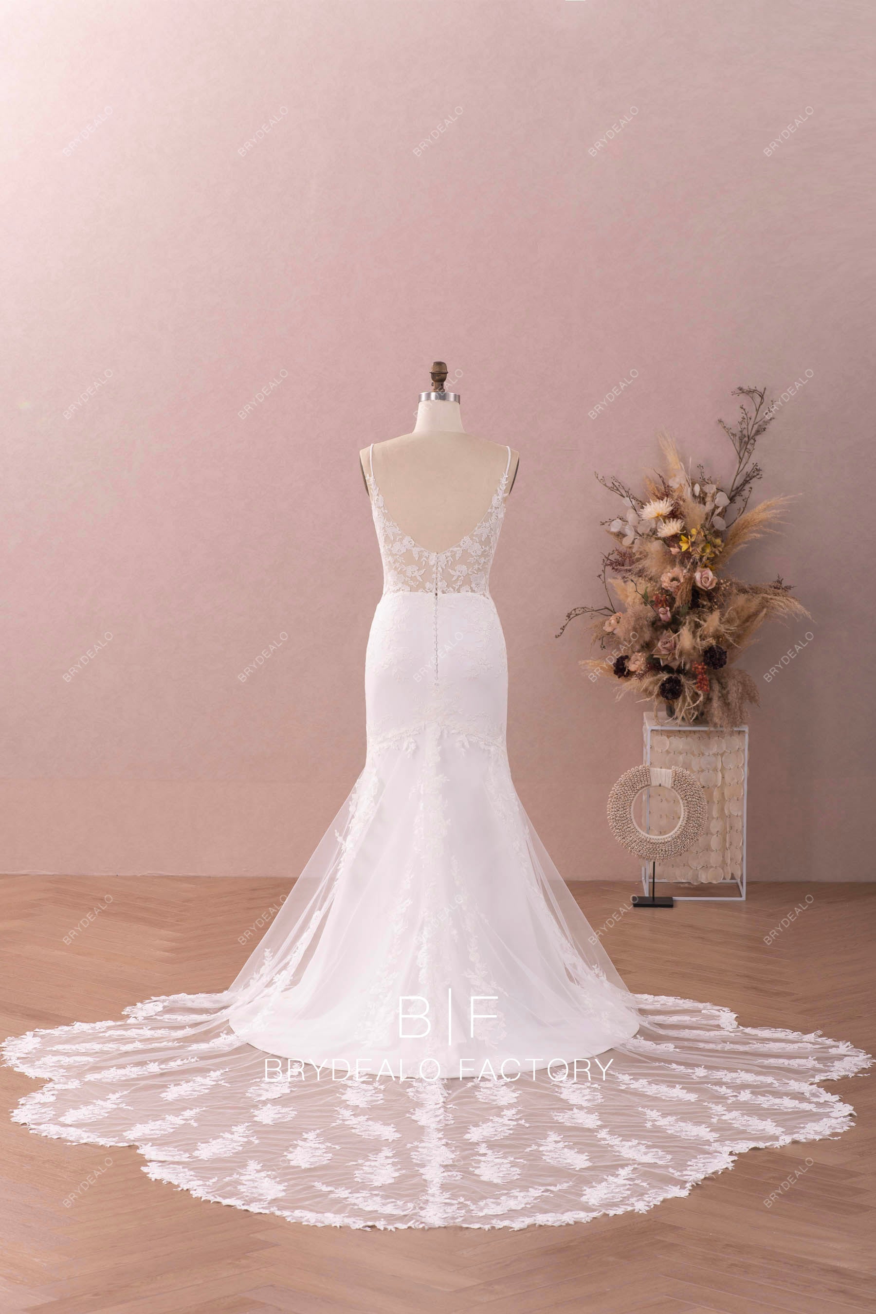 open back long illusion cutout train bridal gown