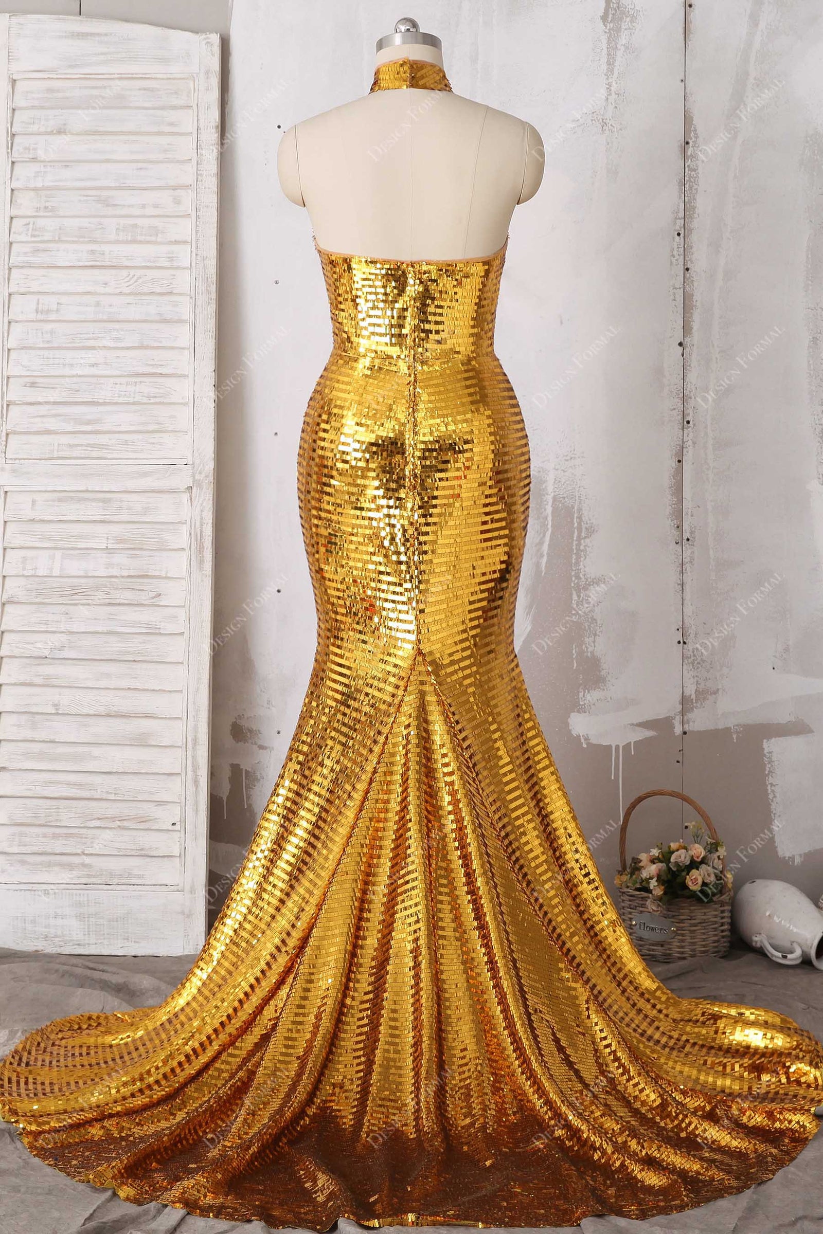 Gold Sequin Mock Neck Sheer Sleeve Mermaid Long Prom Dress