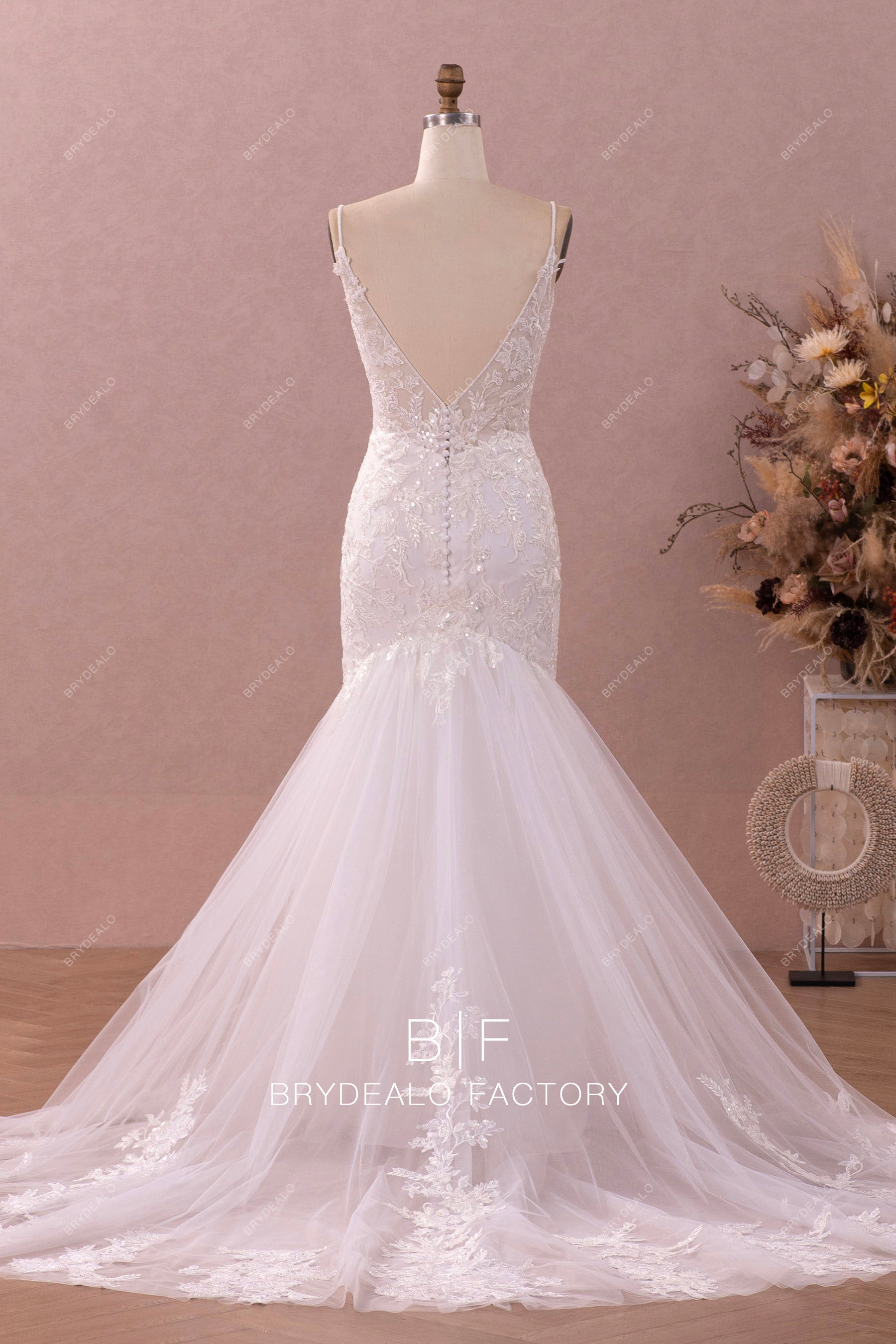open back lace tulle mermaid wedding gown