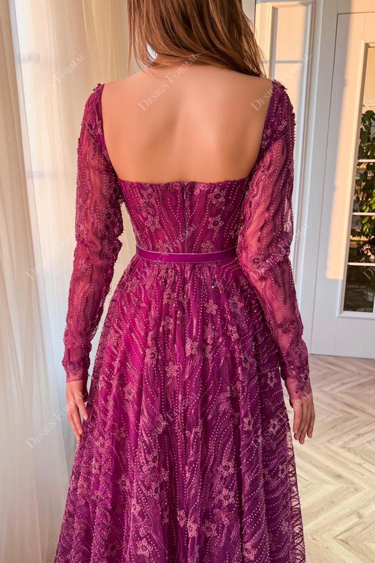 open back sheer long sleeves lace prom dress