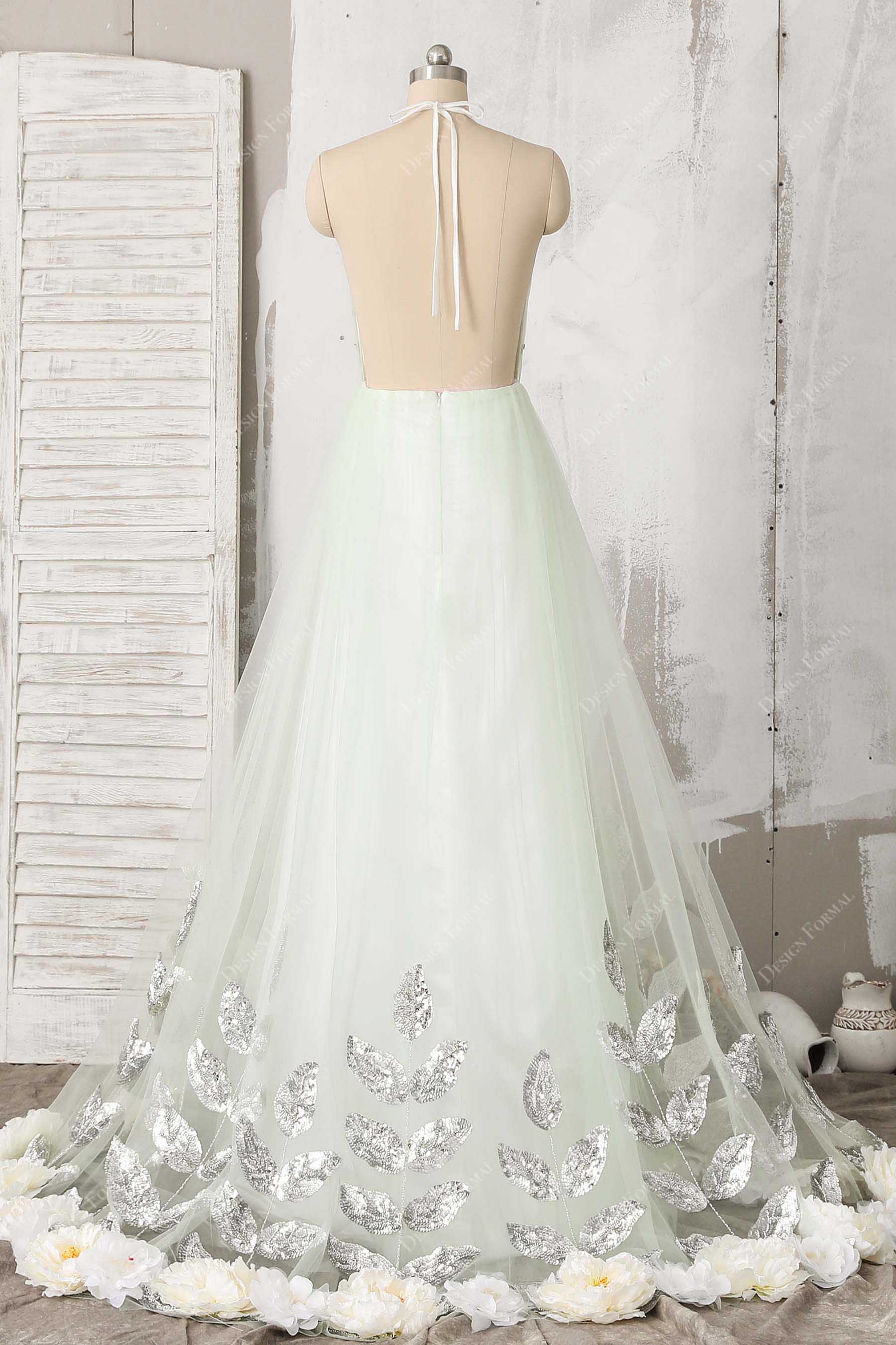 open back shiny leave appliqued tulle prom gown