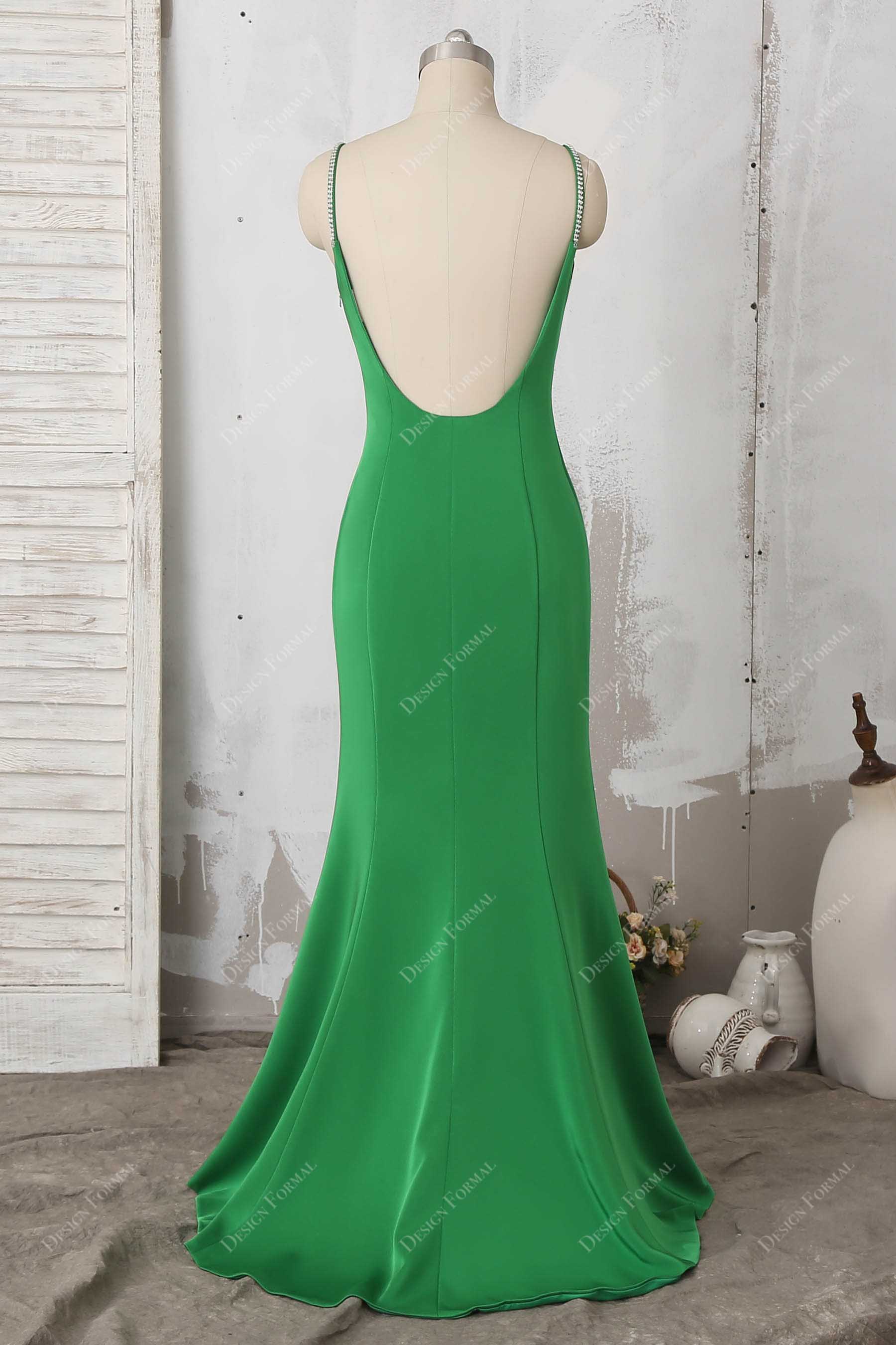 open back spaghetti straps green prom dress