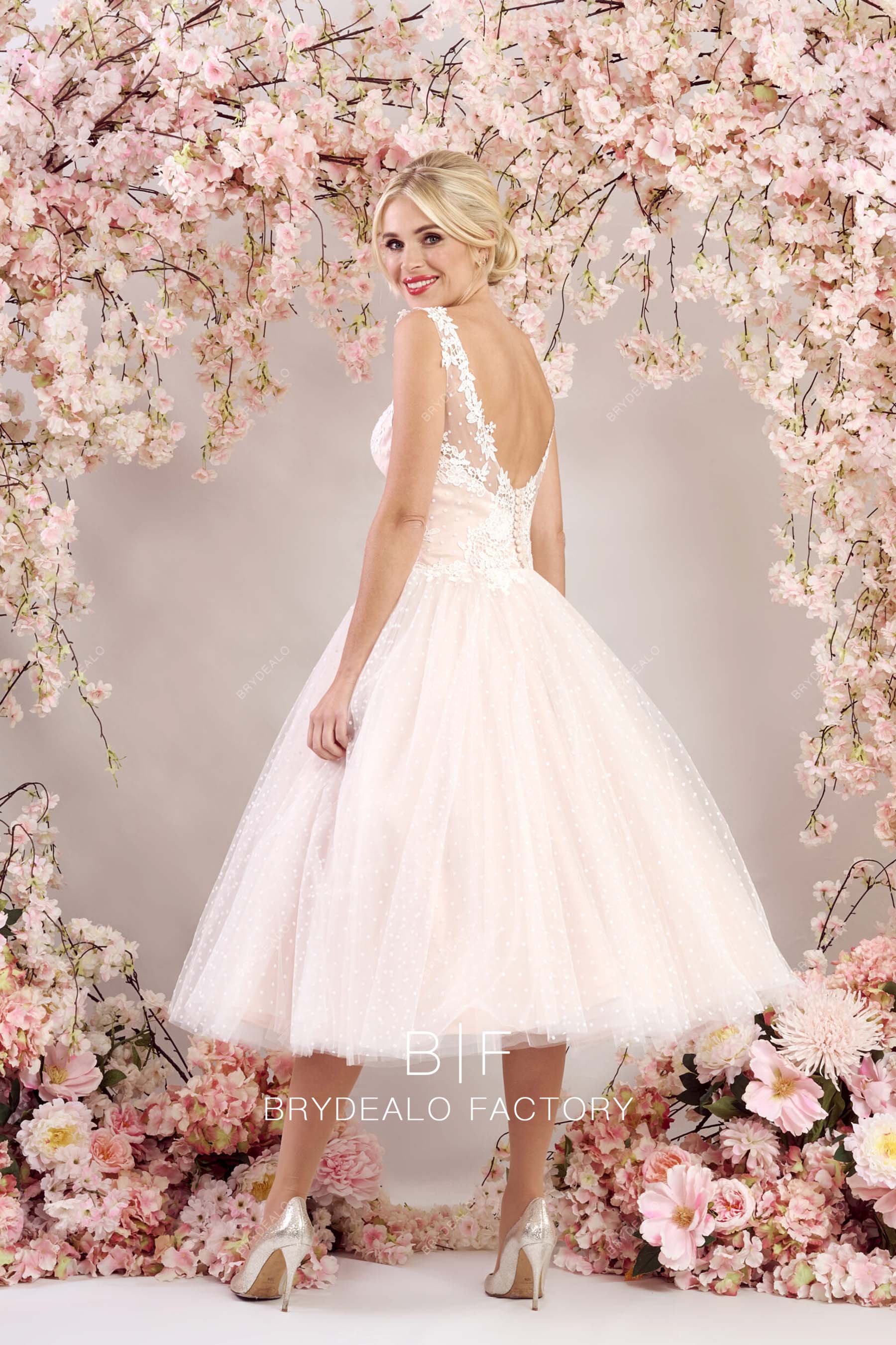 open back tea length pink bridal gown online