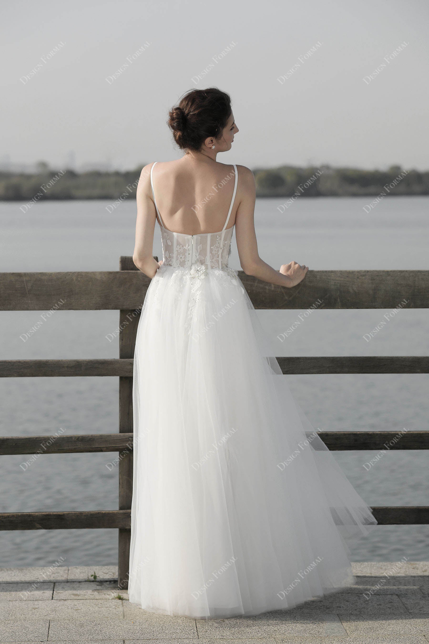 open back thin straps beach wedding gown