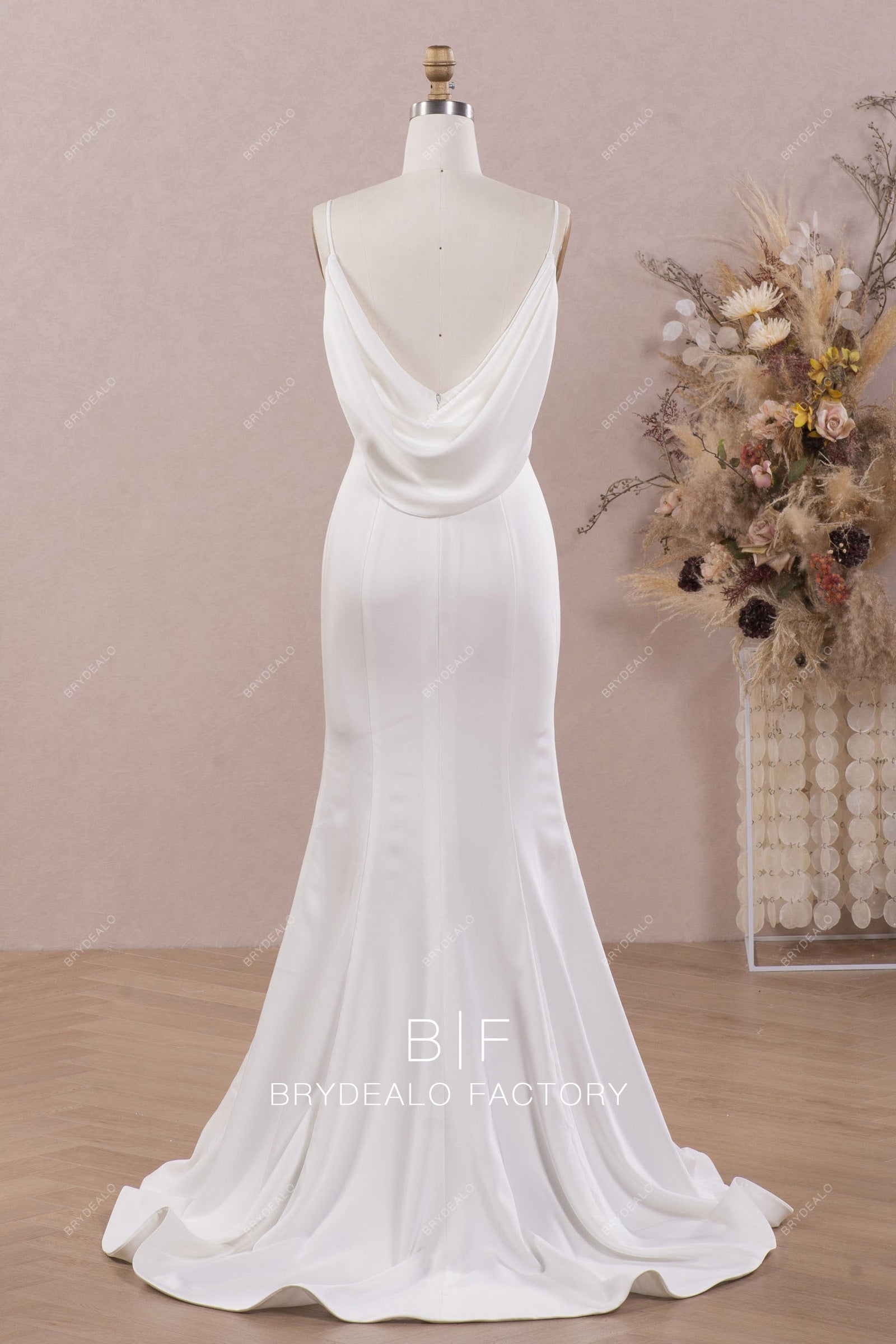 Cowl Neck Thin Straps Elegant Crepe Mermaid Fall Bridal Gown
