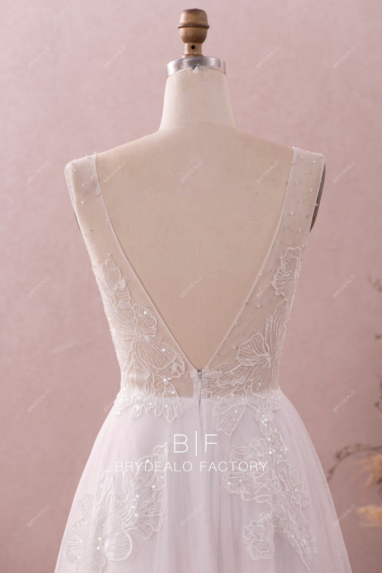 Sexy See Through Weeding Dress Shiny Deep V-neck Bride Robe Appliques Lace Floor-length Bridal Dresses Vestidos De Novia