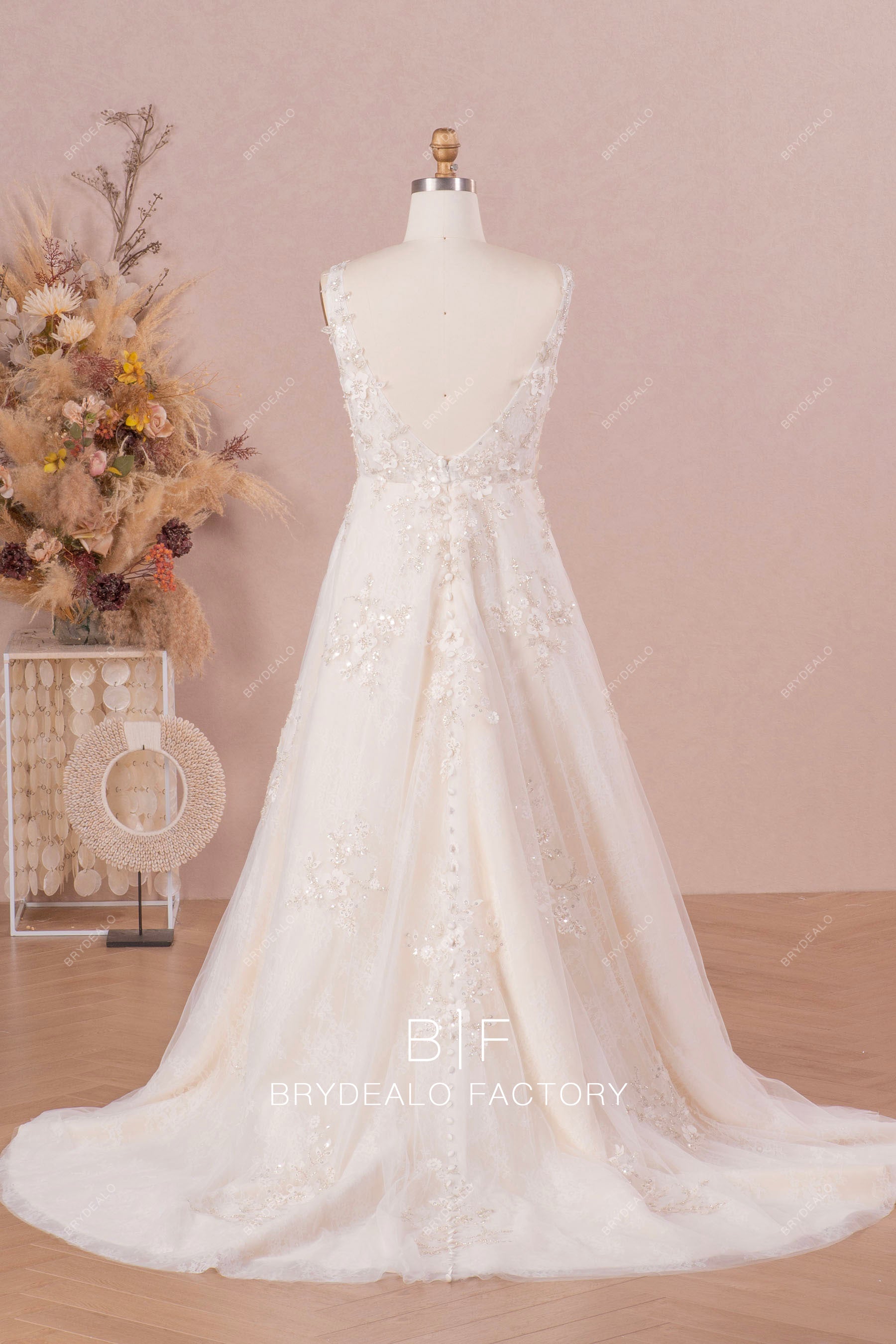 open V-back lace designer long wedding dress