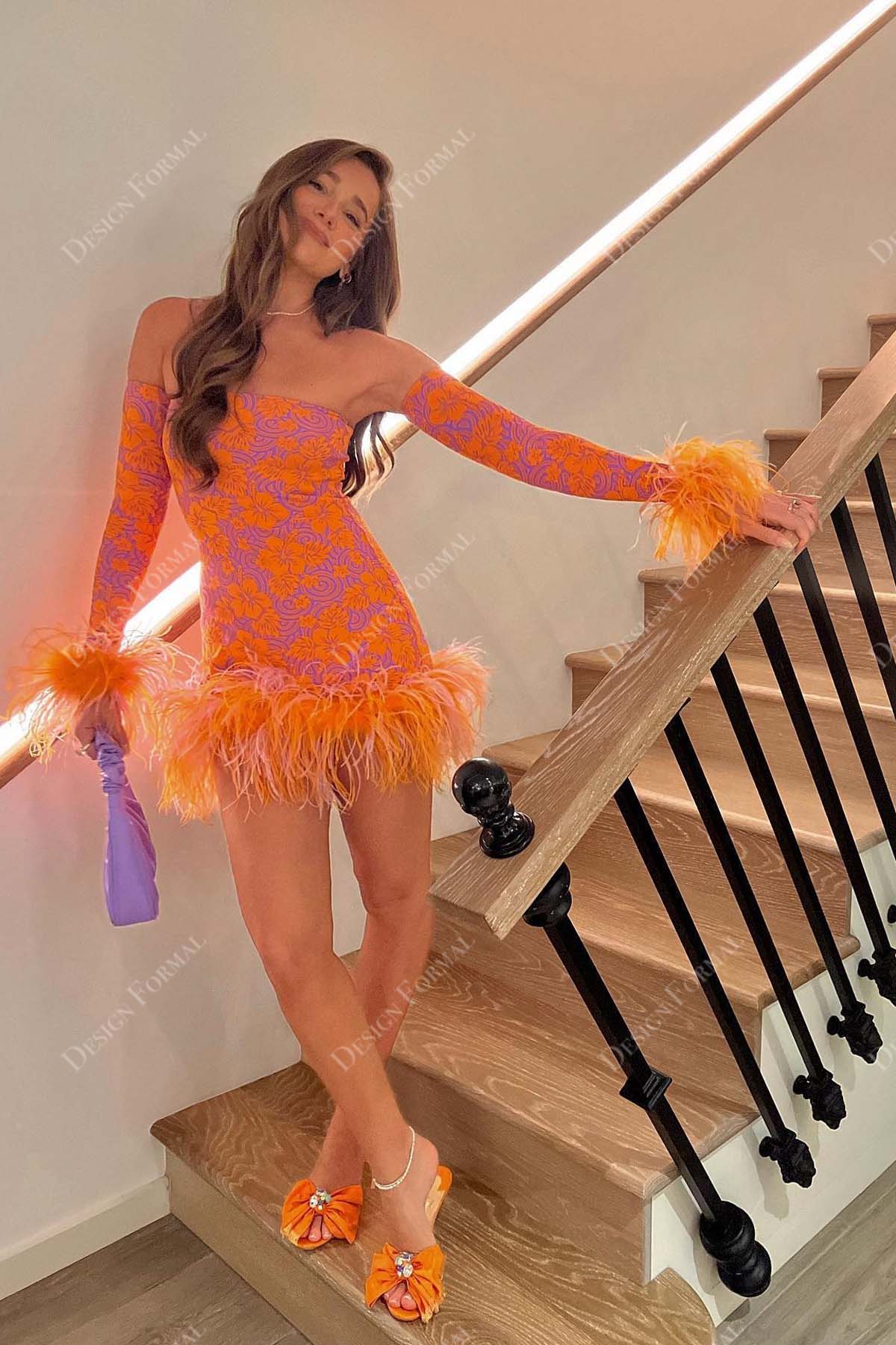 orange feather strapless gloved cocktail tail-made dress