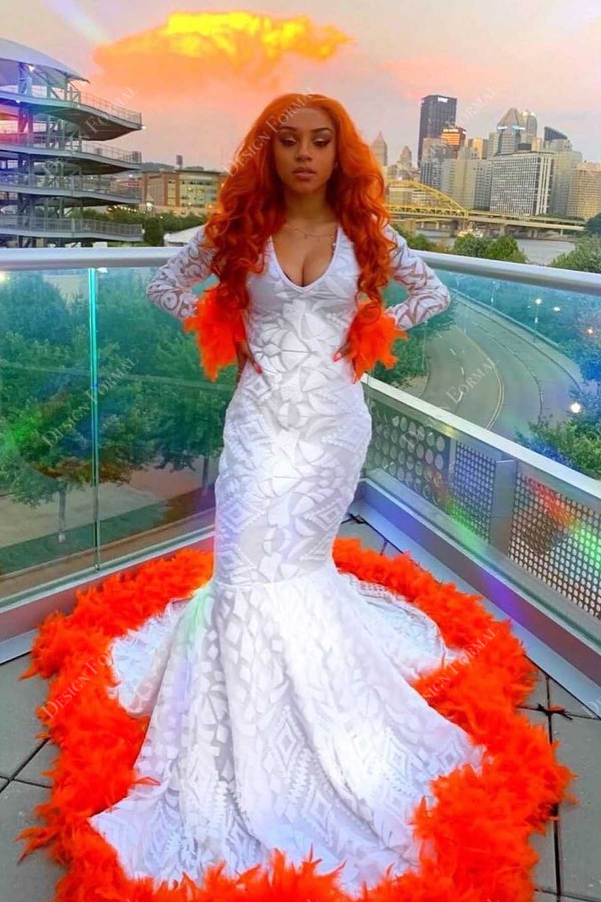 orange feathers ivory sequin halter mermaid prom gown