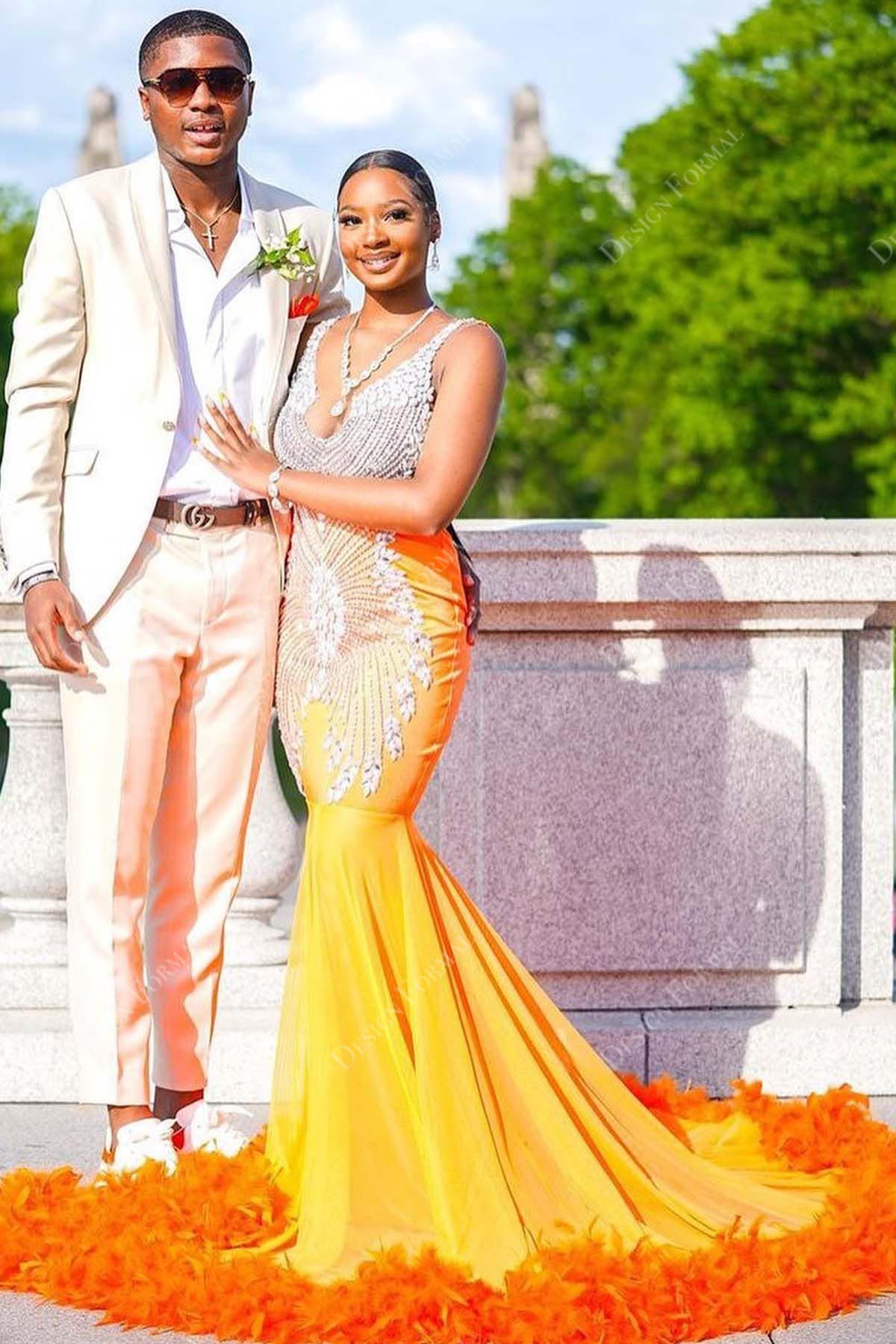 Yellow Jersey Orange Feather Mermaid Crystals V-neck Prom Dress