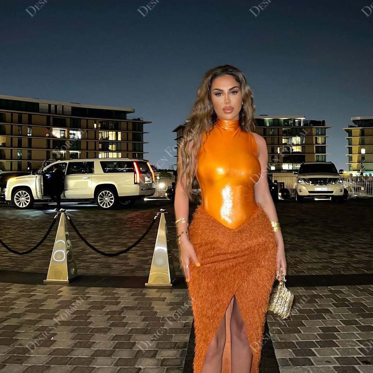 Orange Glitter Basque Waist High Neck Feather Slit Maxi Prom Dress