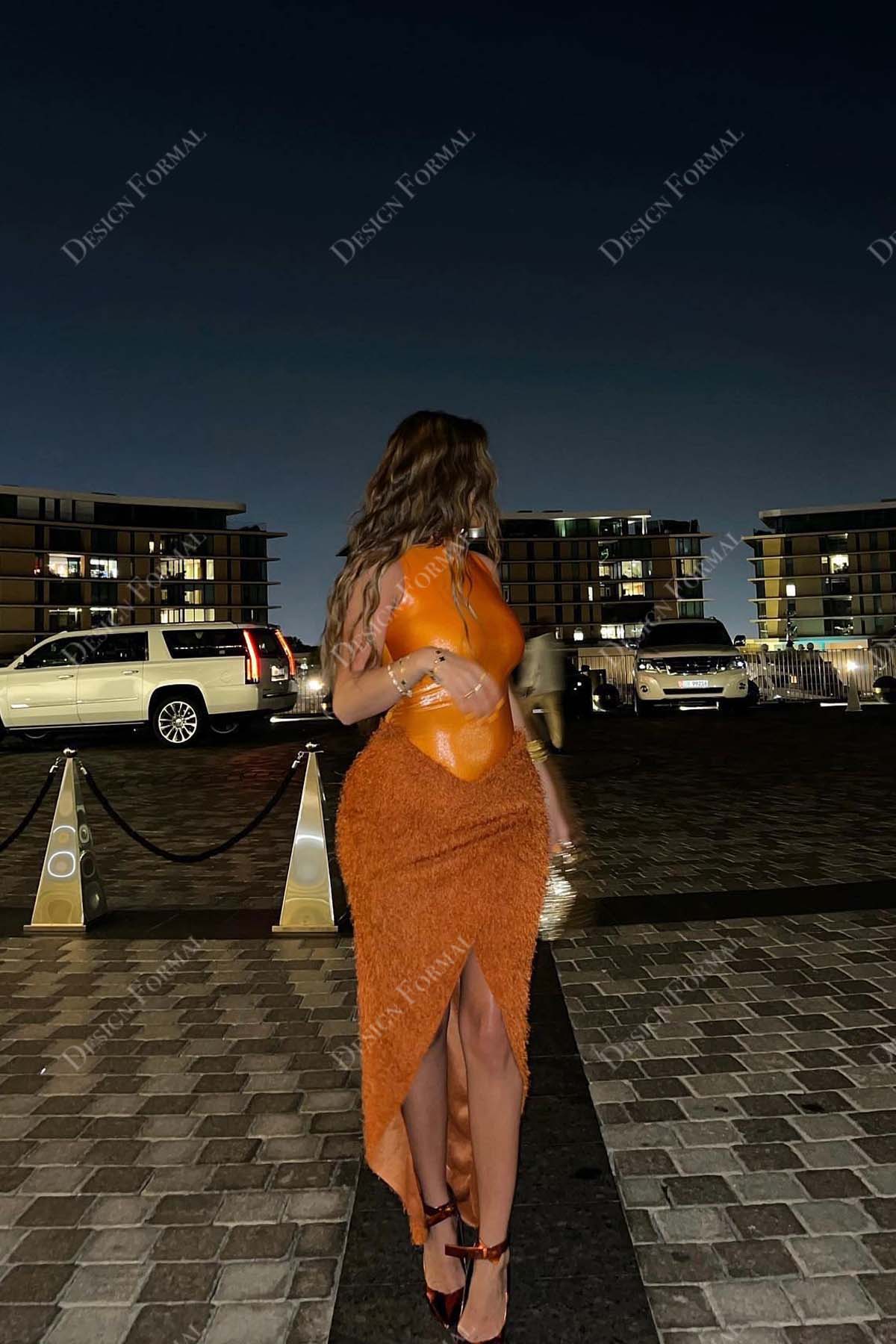 orange glitter high neck basque waist feather high-low prom gown