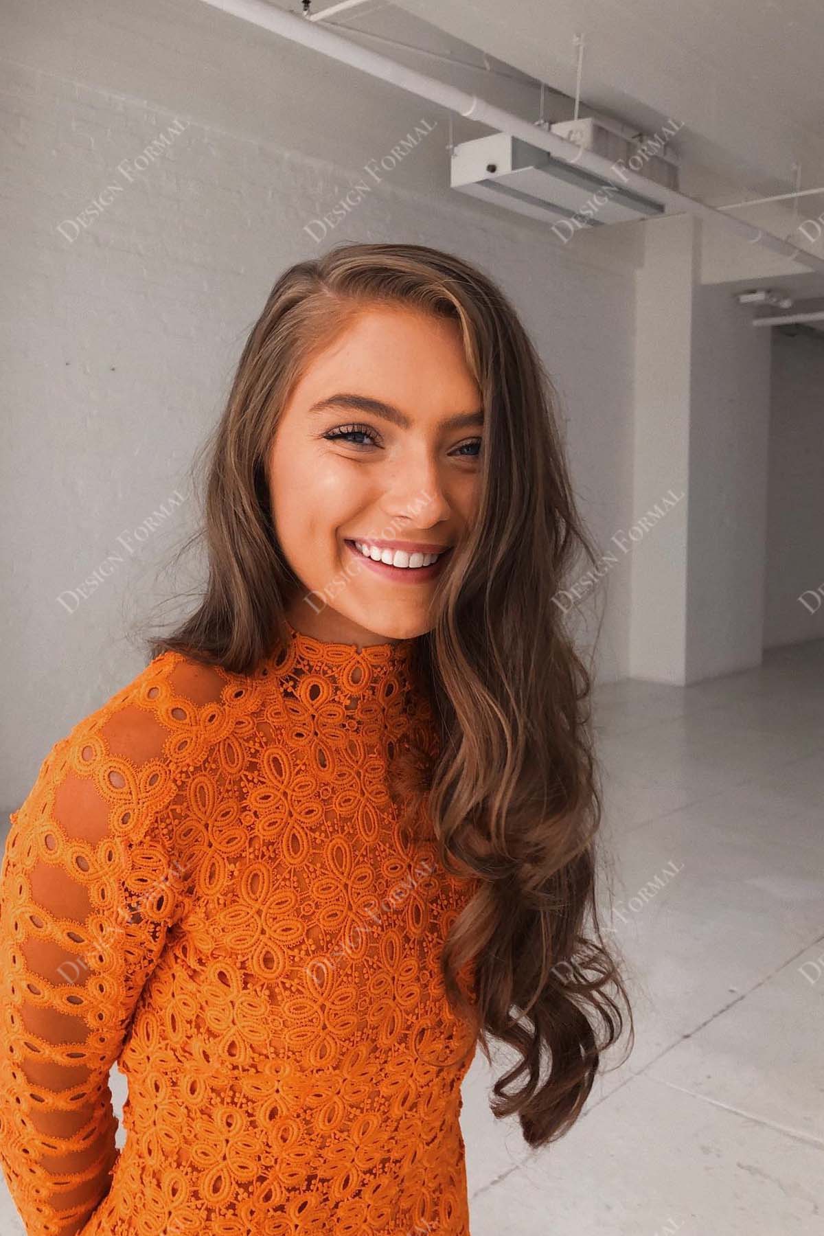 orange lace sleeved prom gown