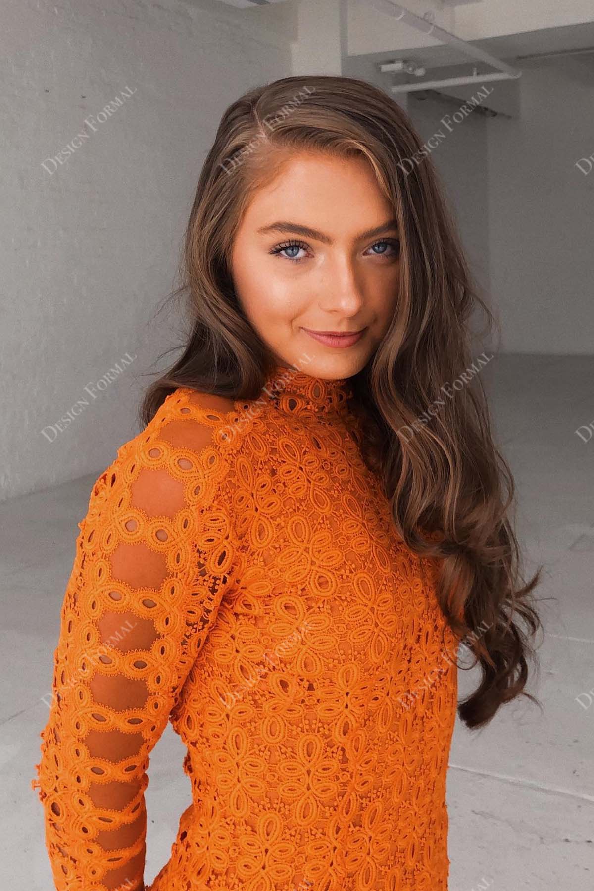 orange lace sleeved prom gown