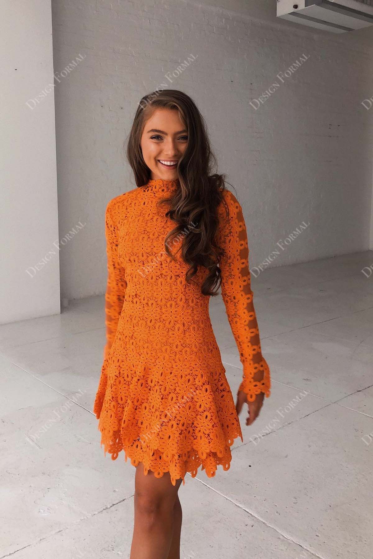 orange lace sleeved scalloped short prom dress