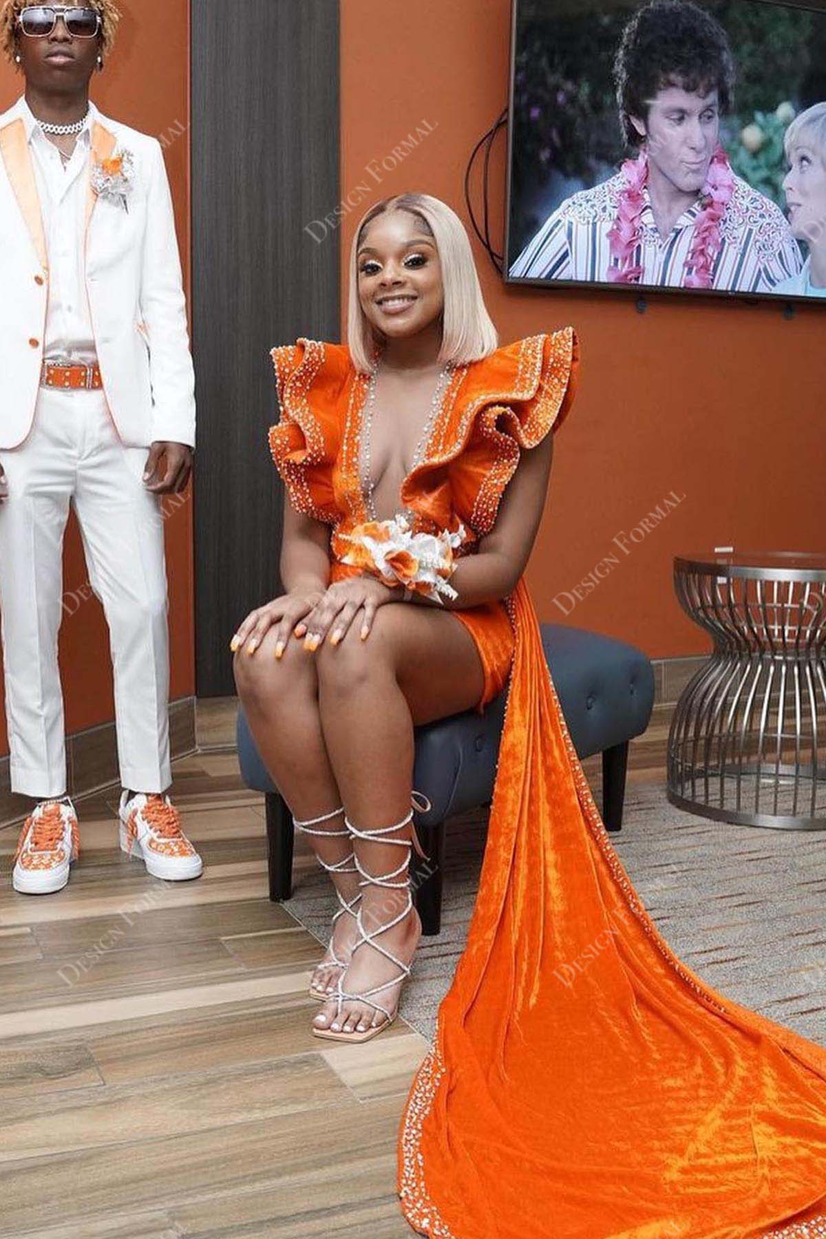orange plunging ruffled bodycon with overskirt