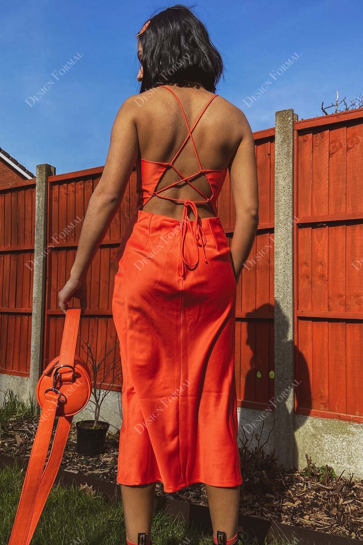orange satin strappy back tea length fit and flare crafted prom dress