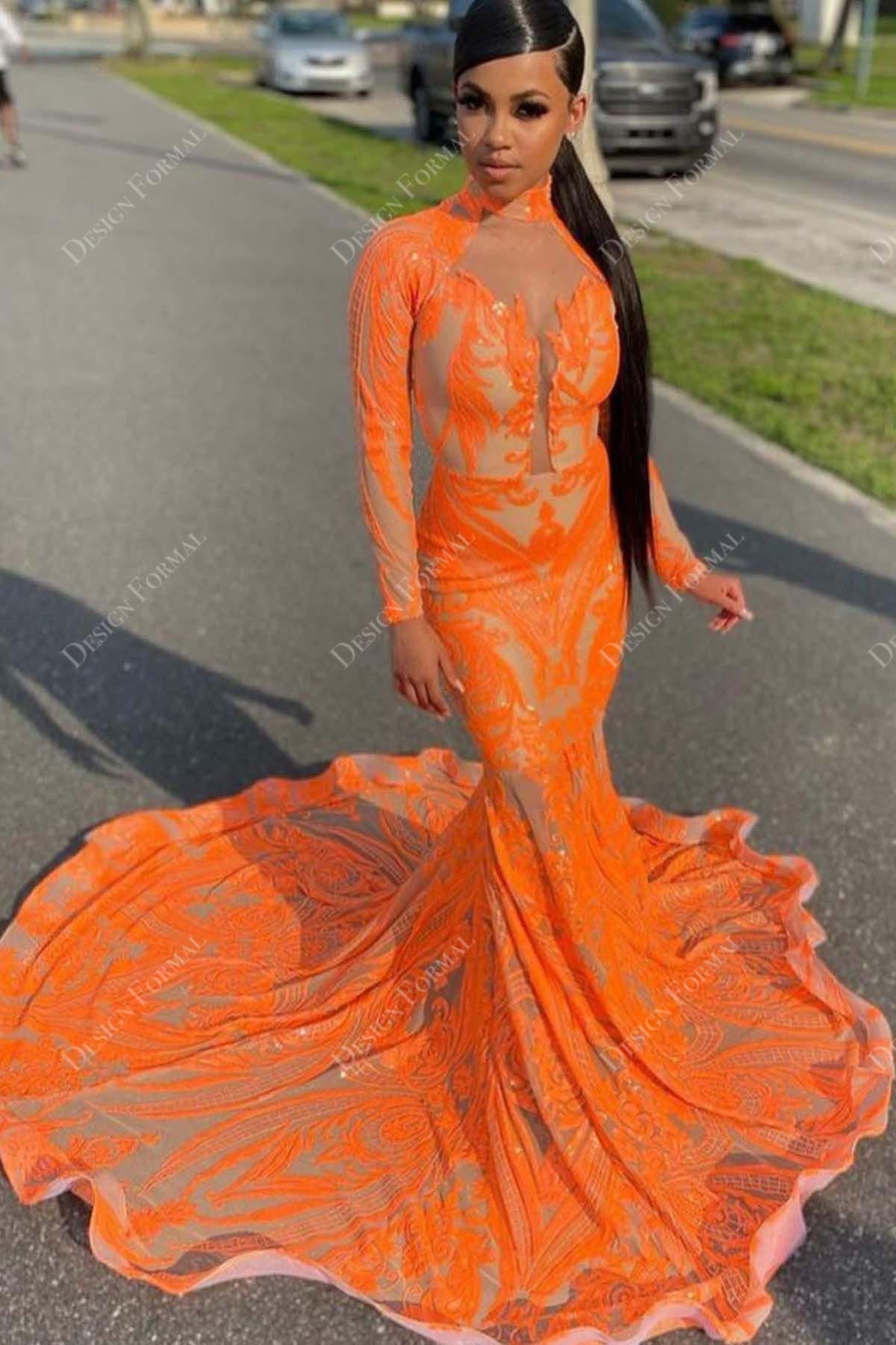 Unique Orange Sequin Plunging Mermaid Prom Dress