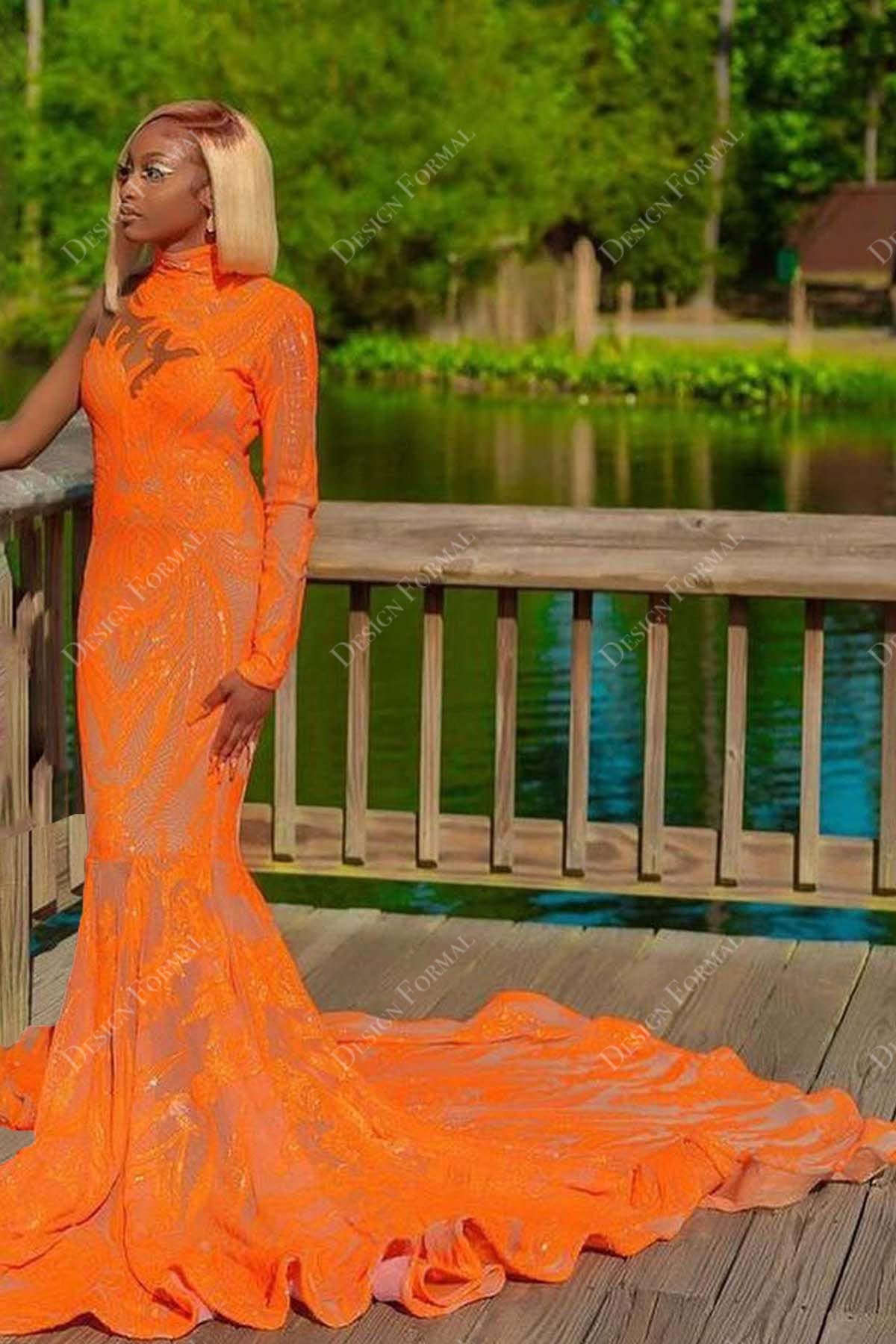 One-sleeve Horsehair Mermaid Orange Sequin Prom Dress