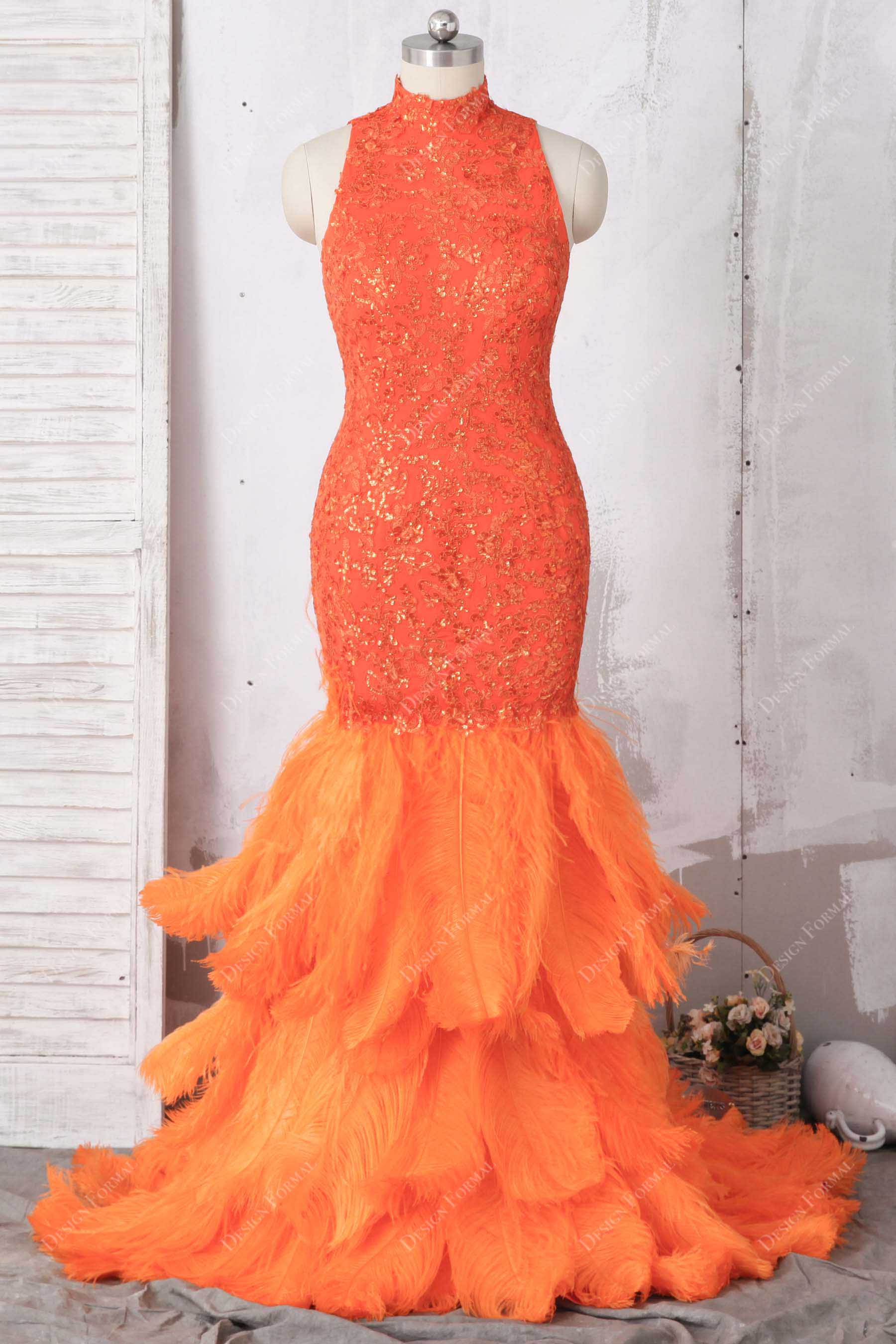 orange shimmer lace luxury big feathers trumpet prom gown