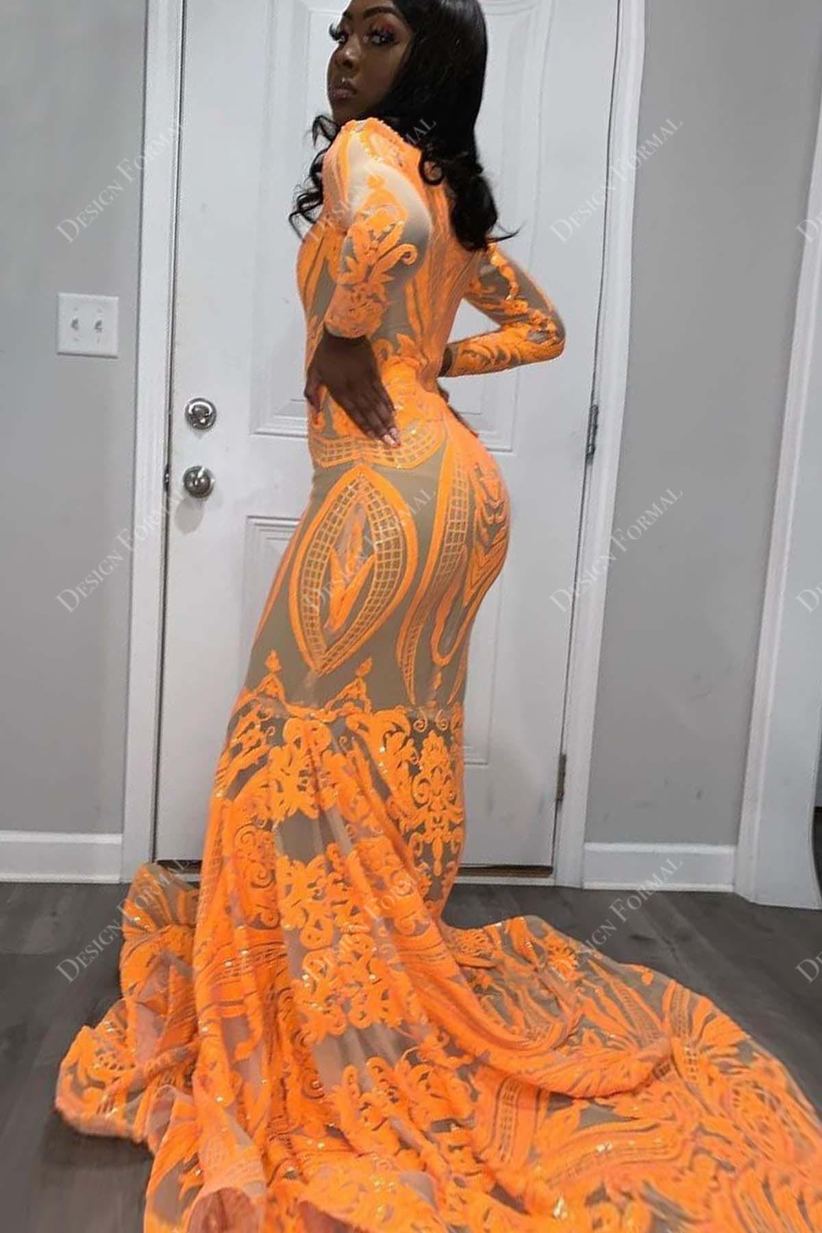 Orange Sequin Long Sleeves Mermaid Prom Dress
