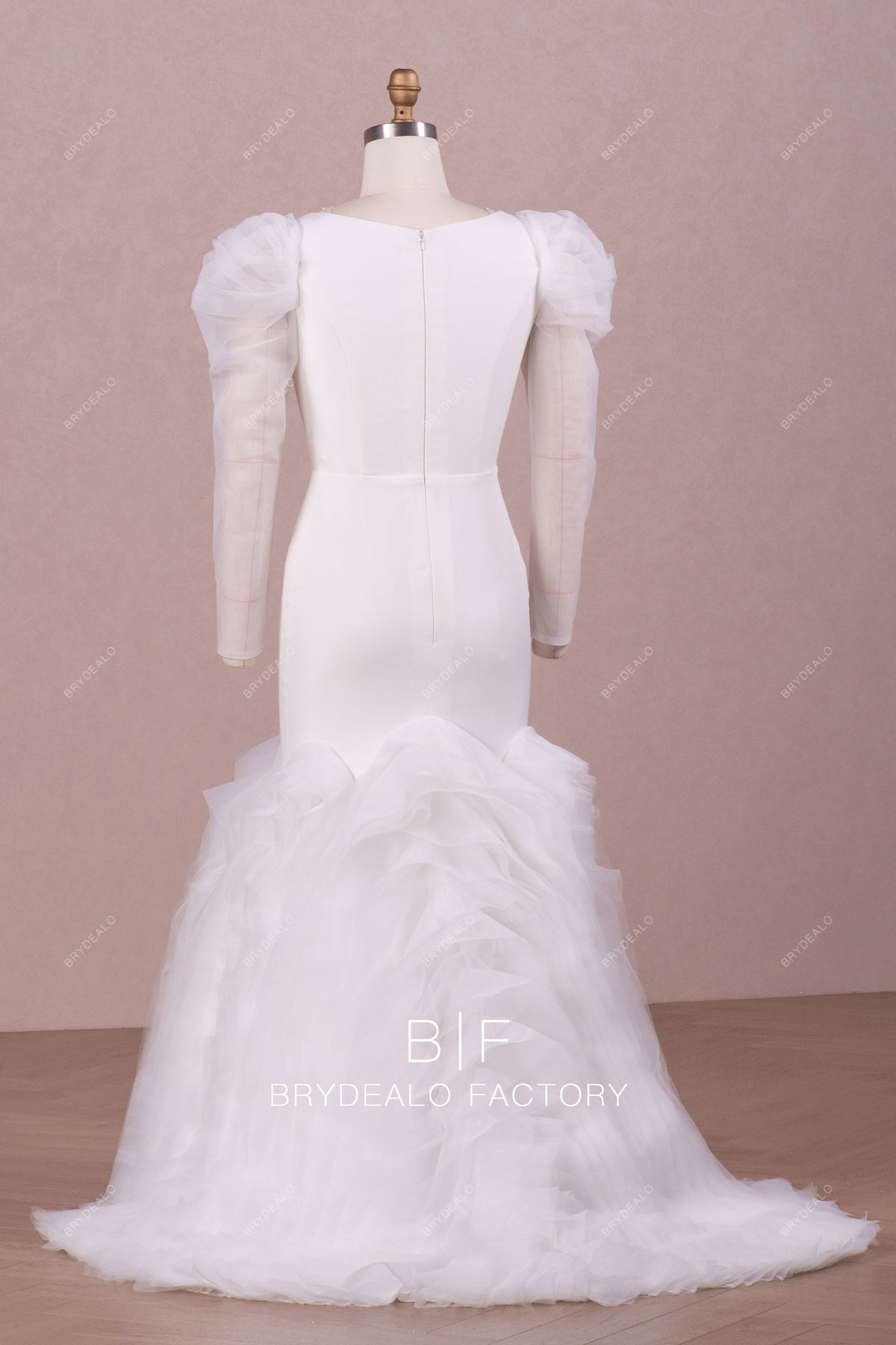 Designer Leg of Mutton Sleeve Crepe Trumpet Ruffled Wedding Dress