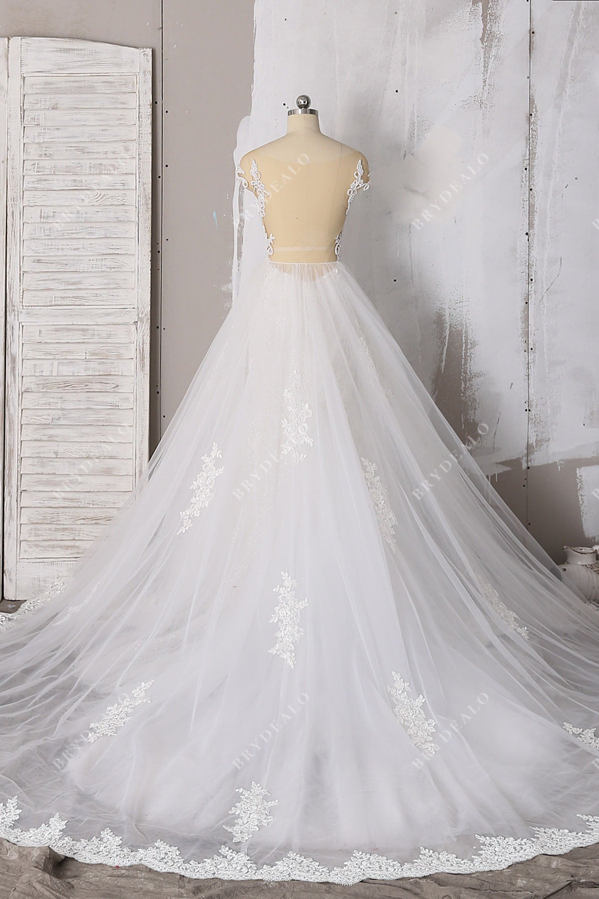 sexy illusion back ball gown overskirt bridal gown