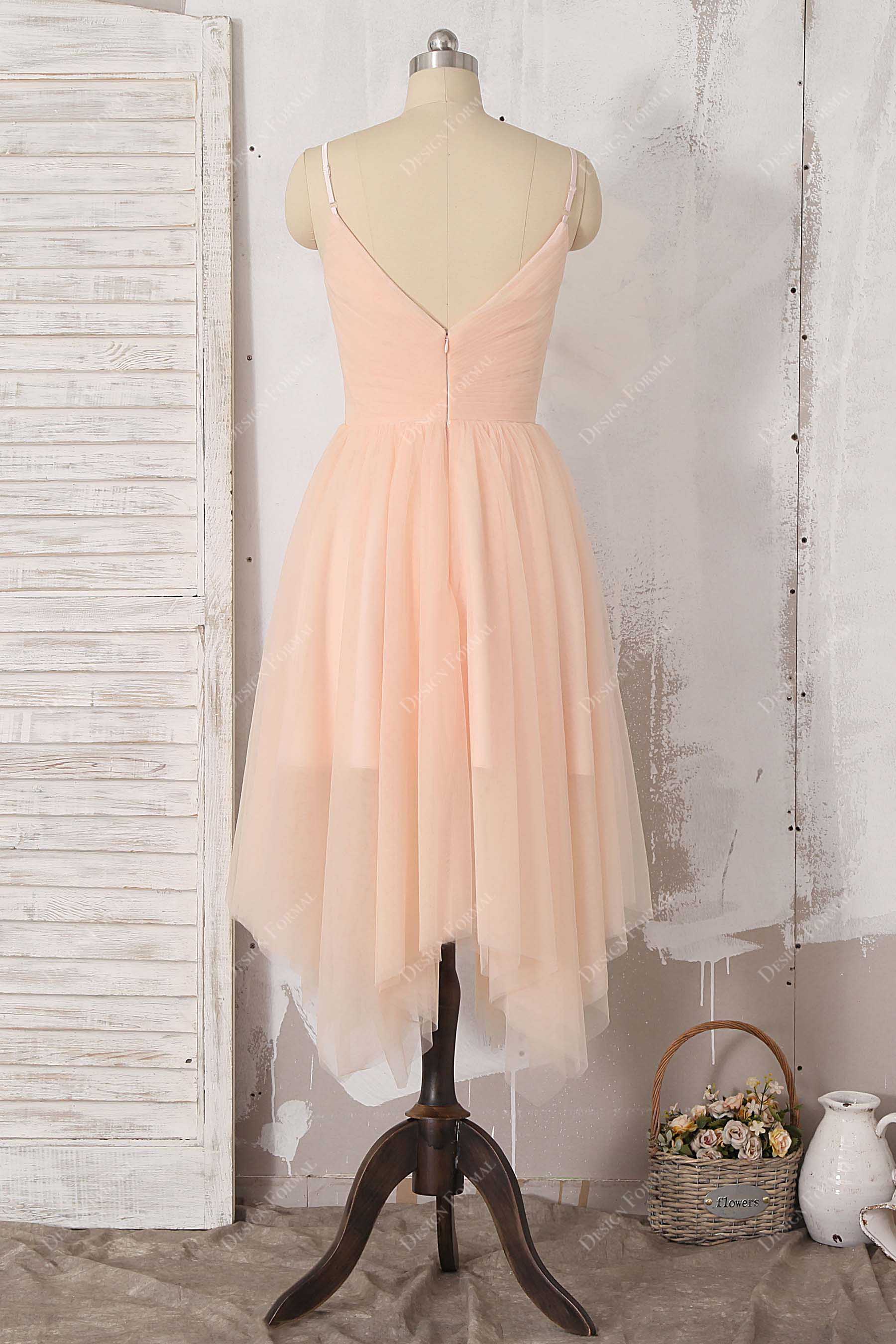 peach V-back homecoming dress