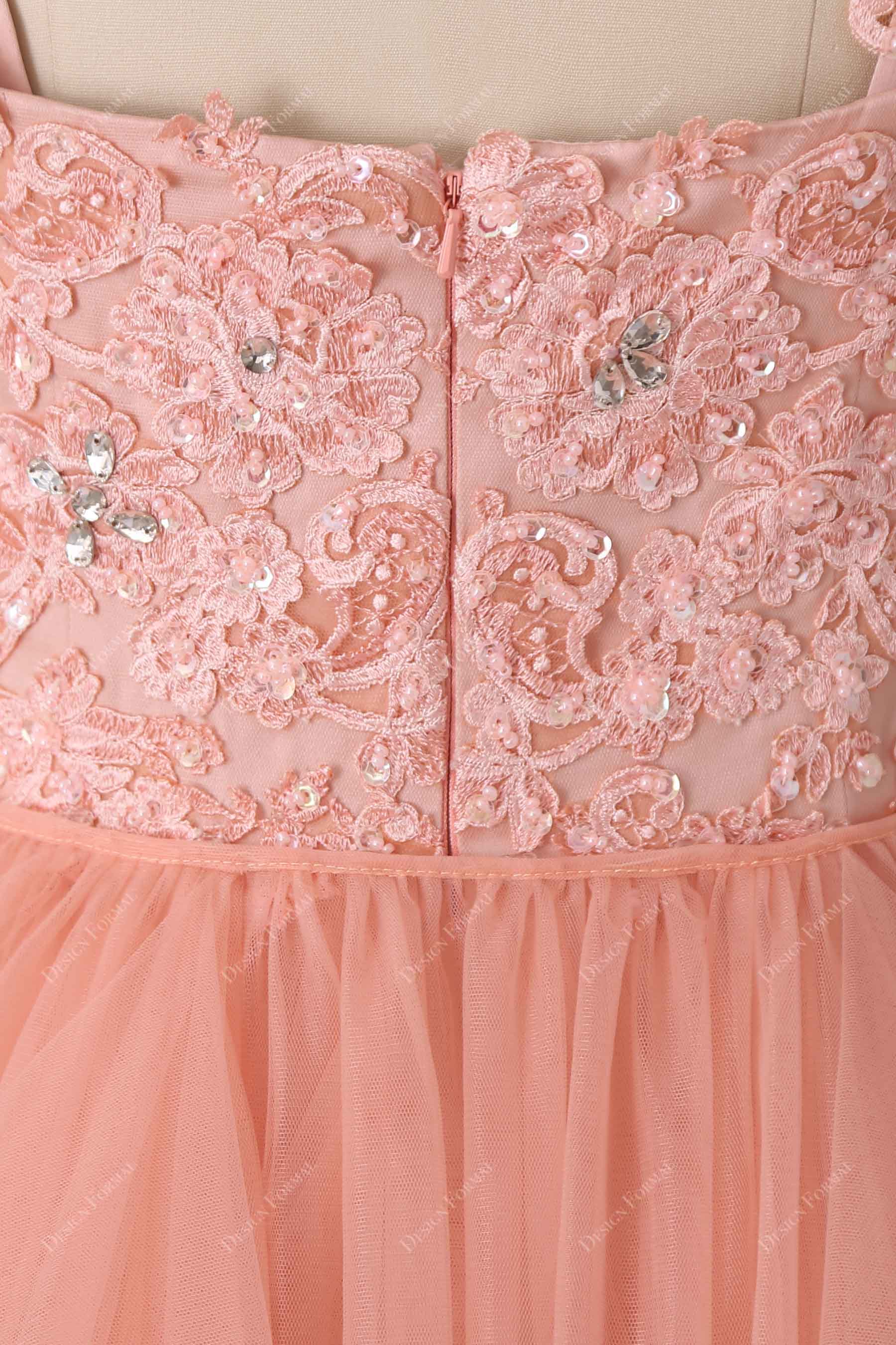 peach beaded lace prom dress