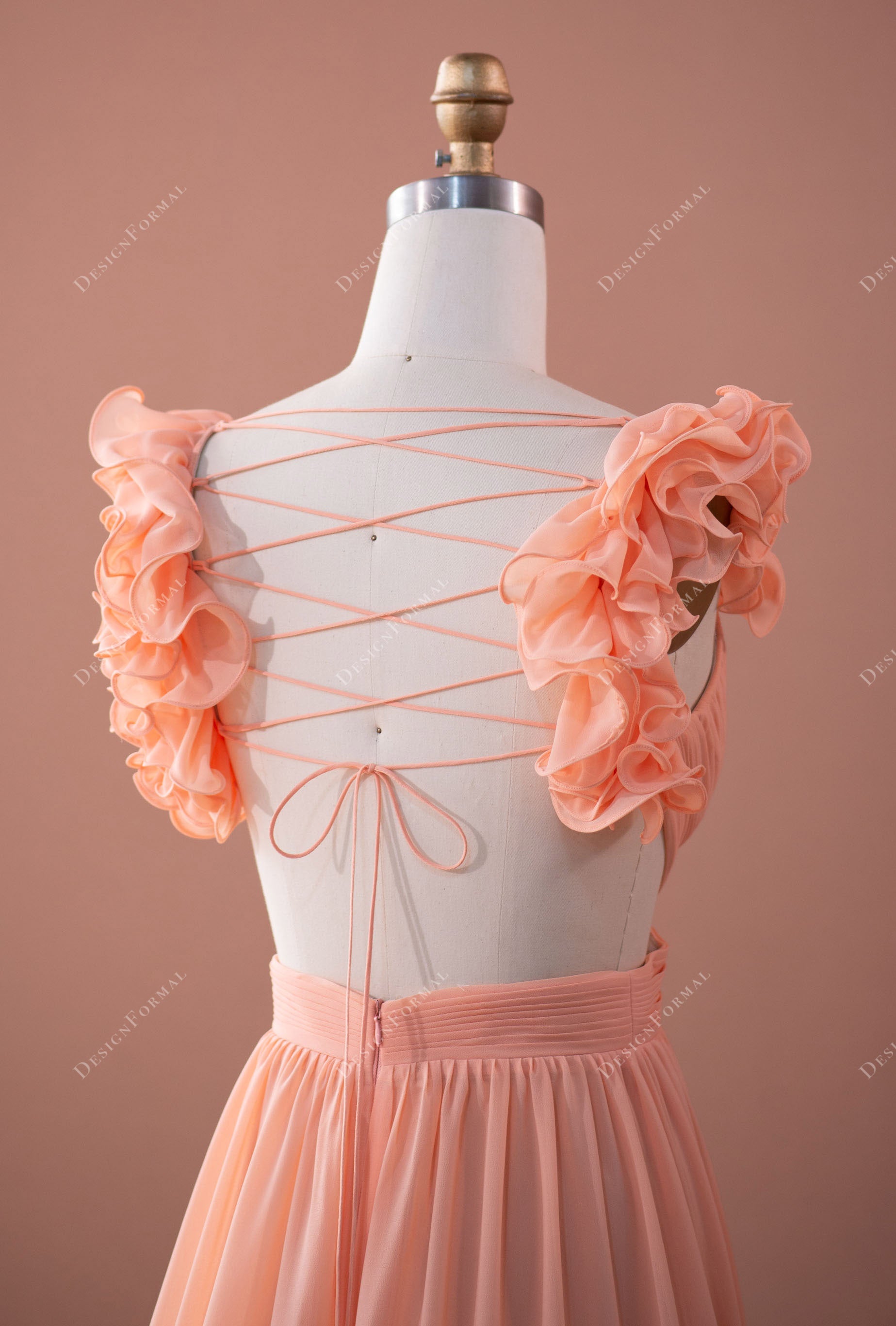 peach criss cross back flowing chiffon dress