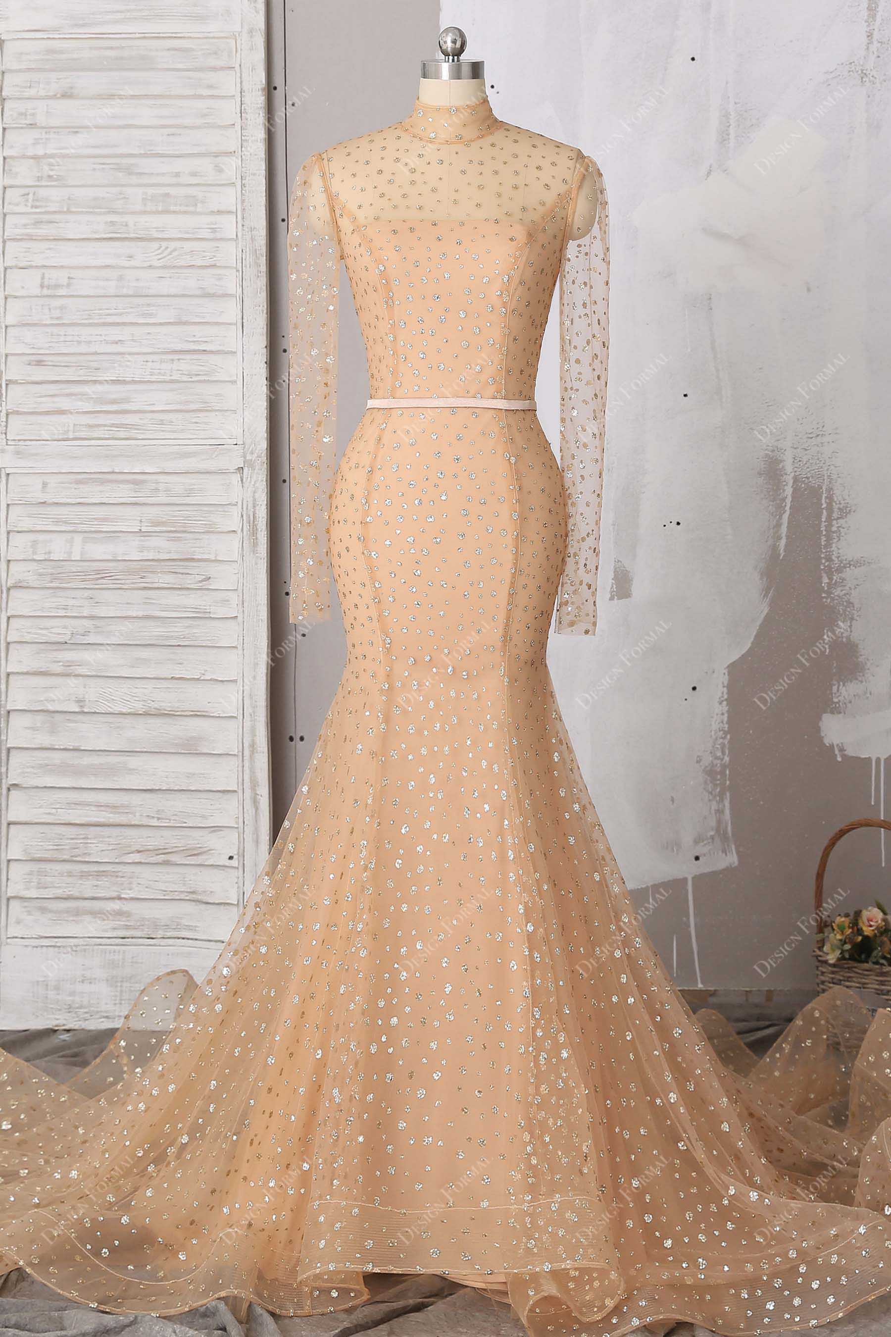 peach glitter illusion neck mermaid prom dress