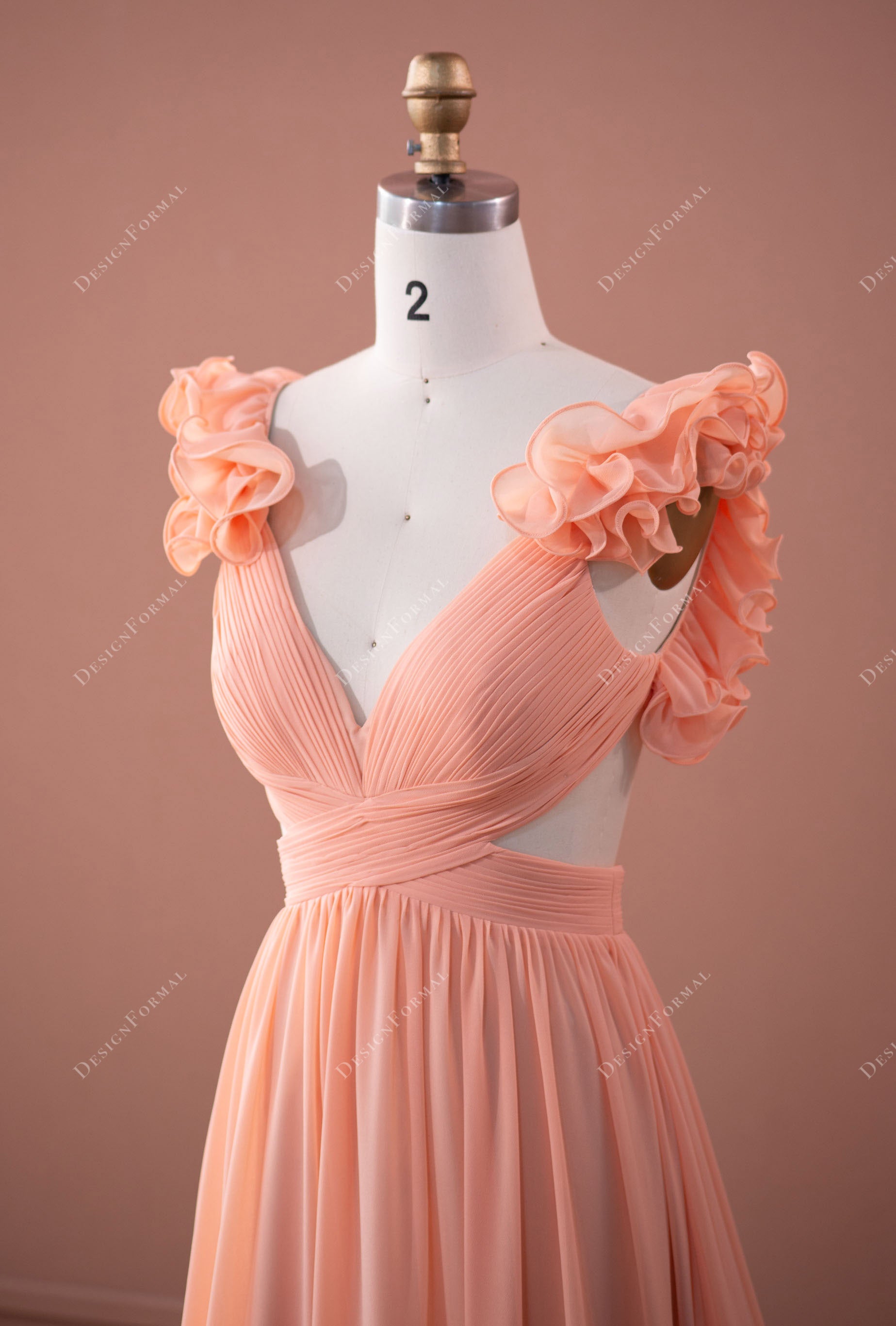peach pink plunging cutout flowing chiffon formal dress