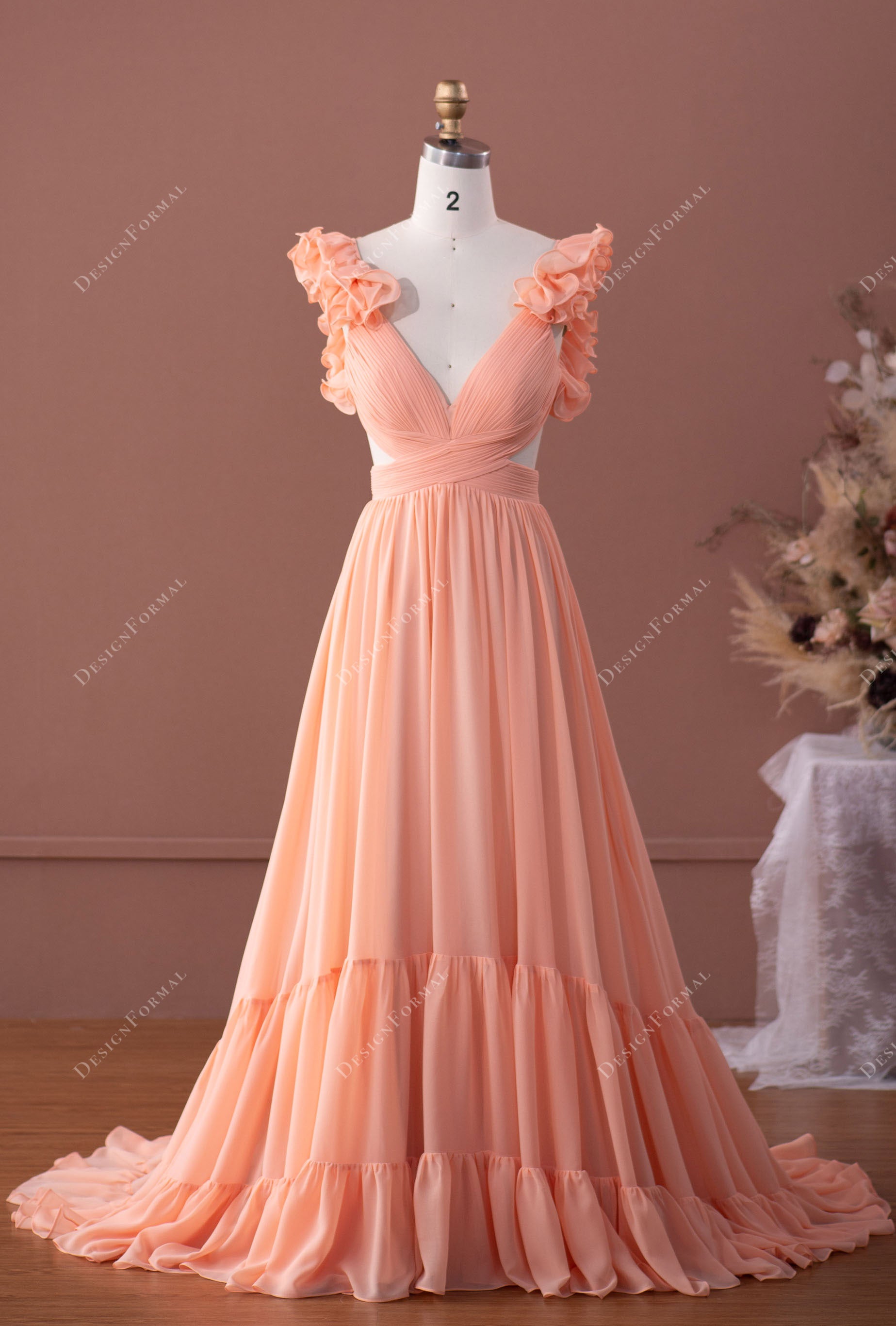 peach pink ruffled sleeve flowing chiffon formal dress