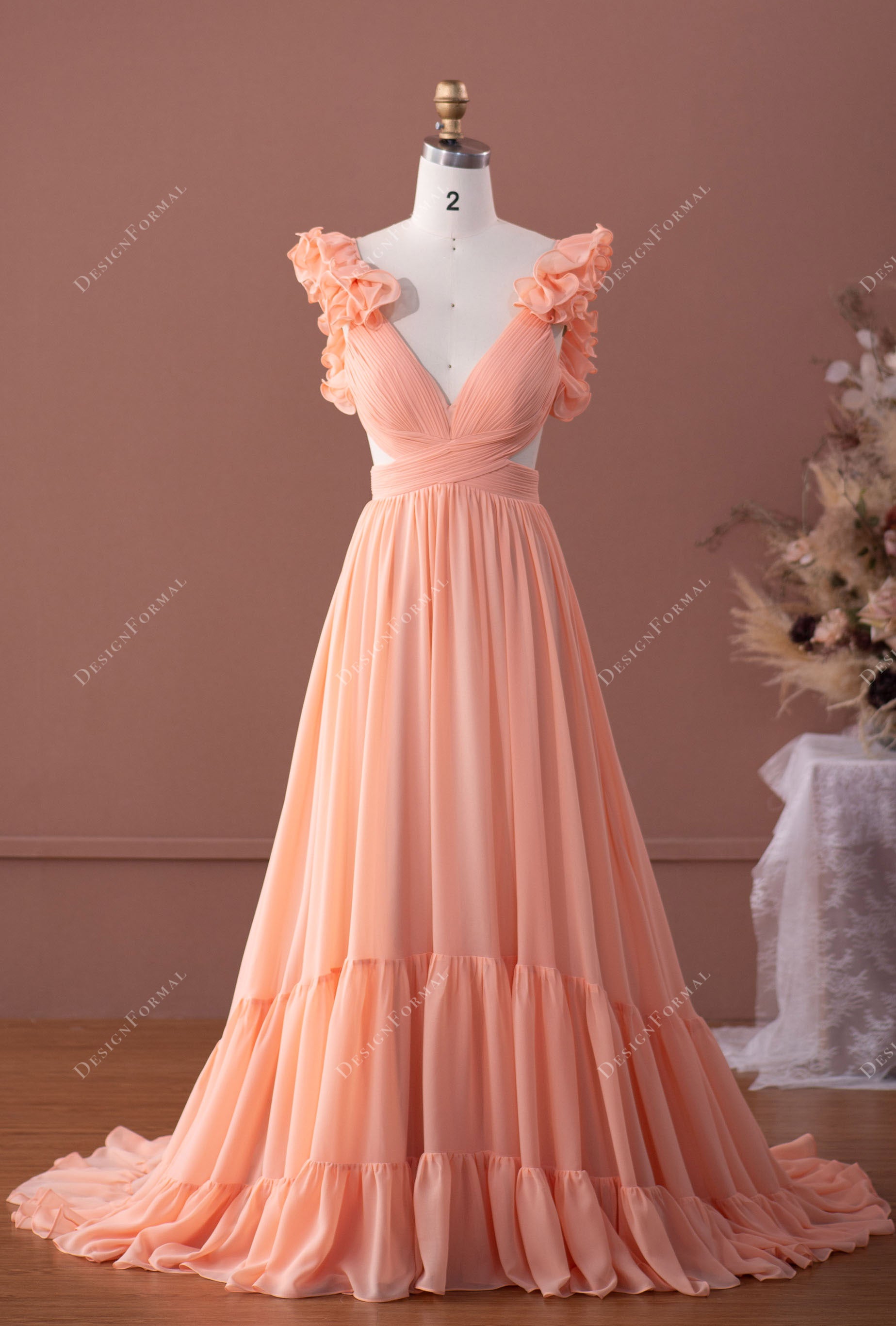 pink long dress formal Peach Fairy Ruffled Sleeve Chiffon Plunging Formal Dress
