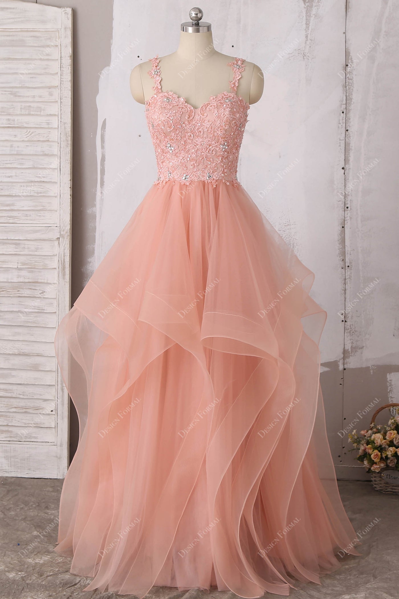 Elegant Straps Peach Long Prom Dress with Cascading Ruffles main image 0