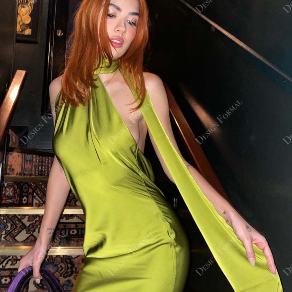 Pear Green Halter Neck Crafted Cocktail Dress with Streamer Pear Green Halter Neck Crafted Cocktail Dress with Streamer