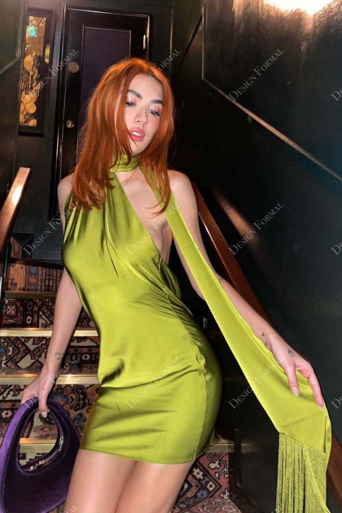 pear green halter neck cocktail prom dress with streamer